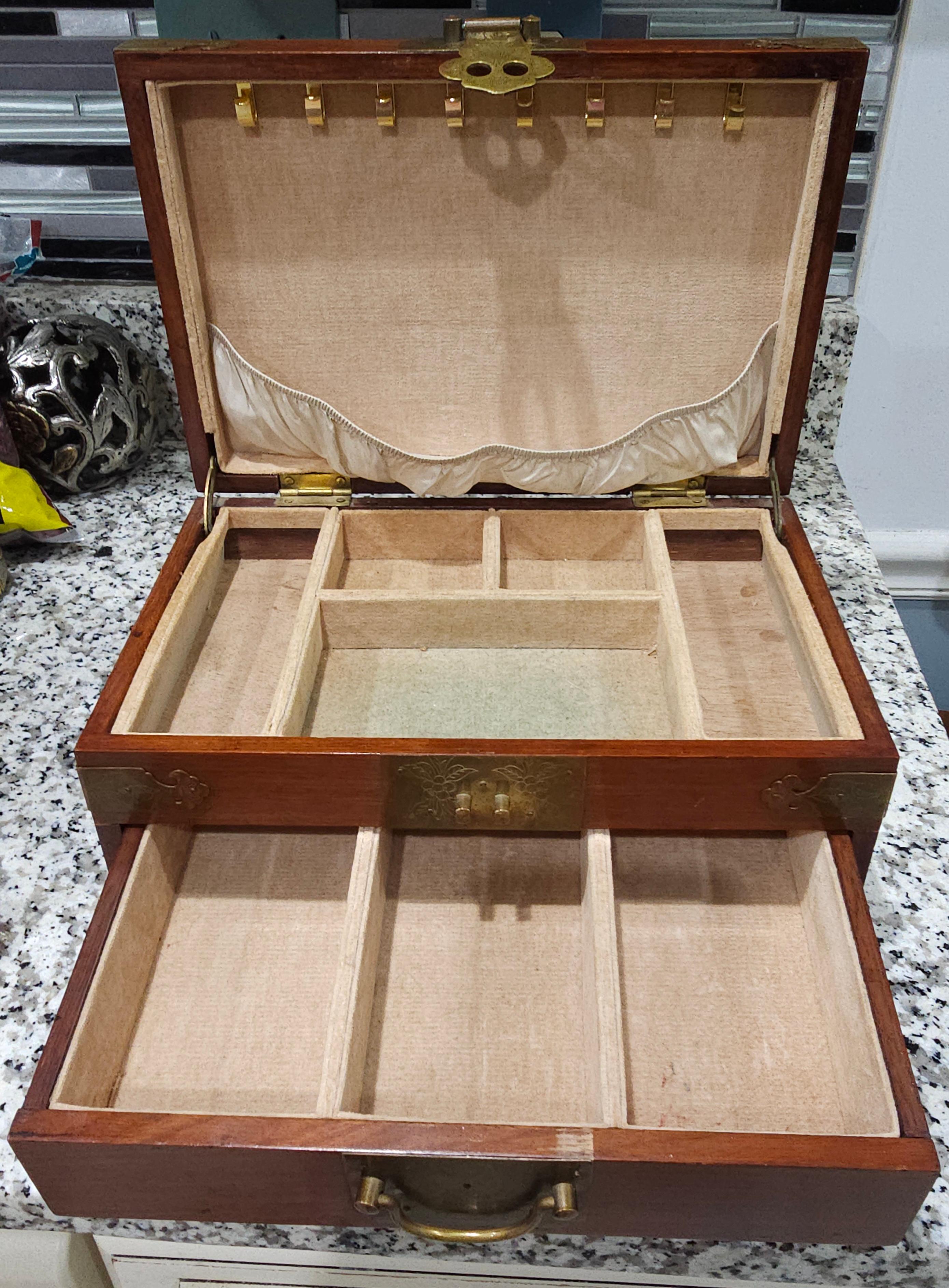 Chinese Export Asian Brass Mounted Rosewood and Felt Lined Jewelry Box For Sale