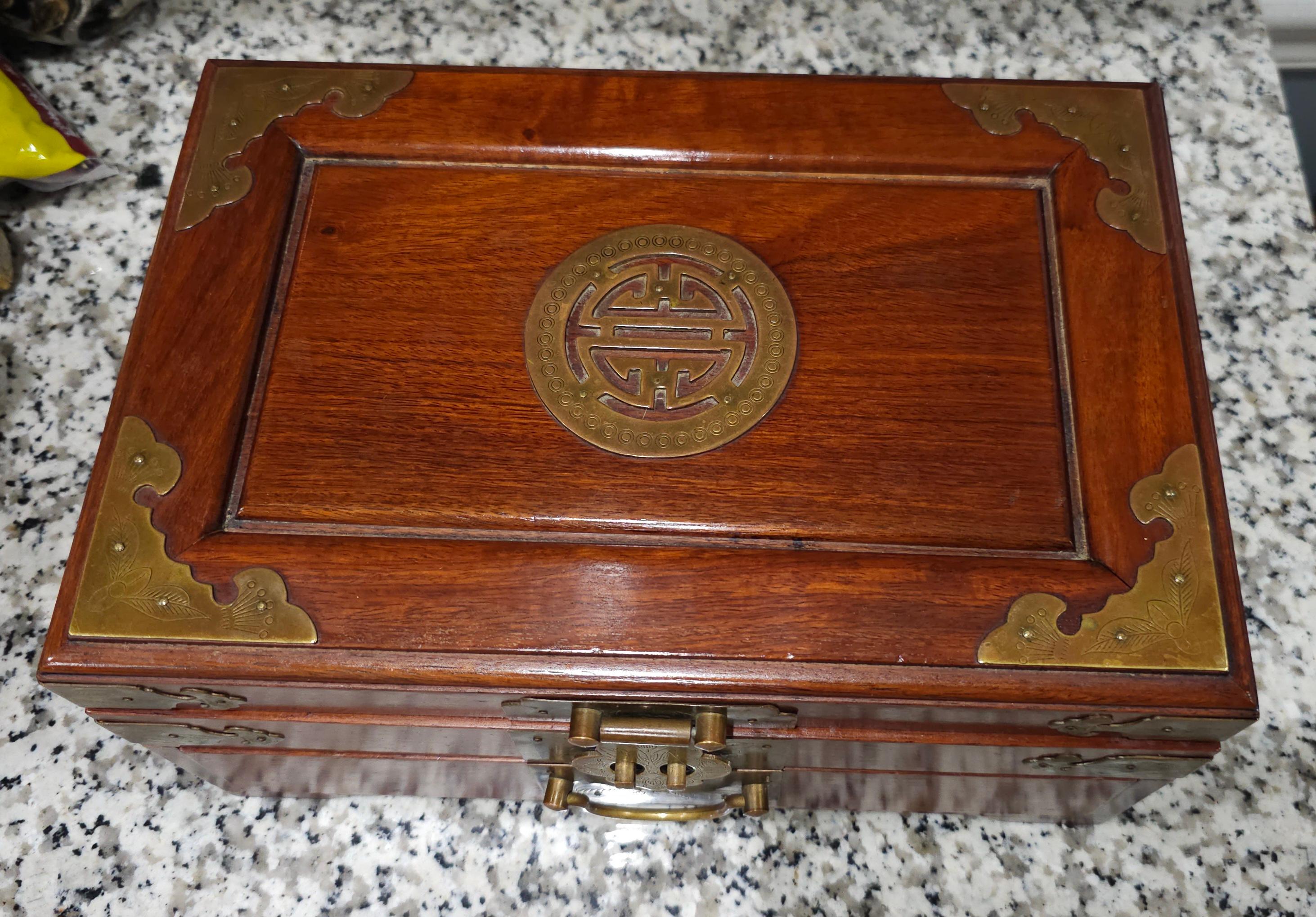 Hong Kong Asian Brass Mounted Rosewood and Felt Lined Jewelry Box For Sale