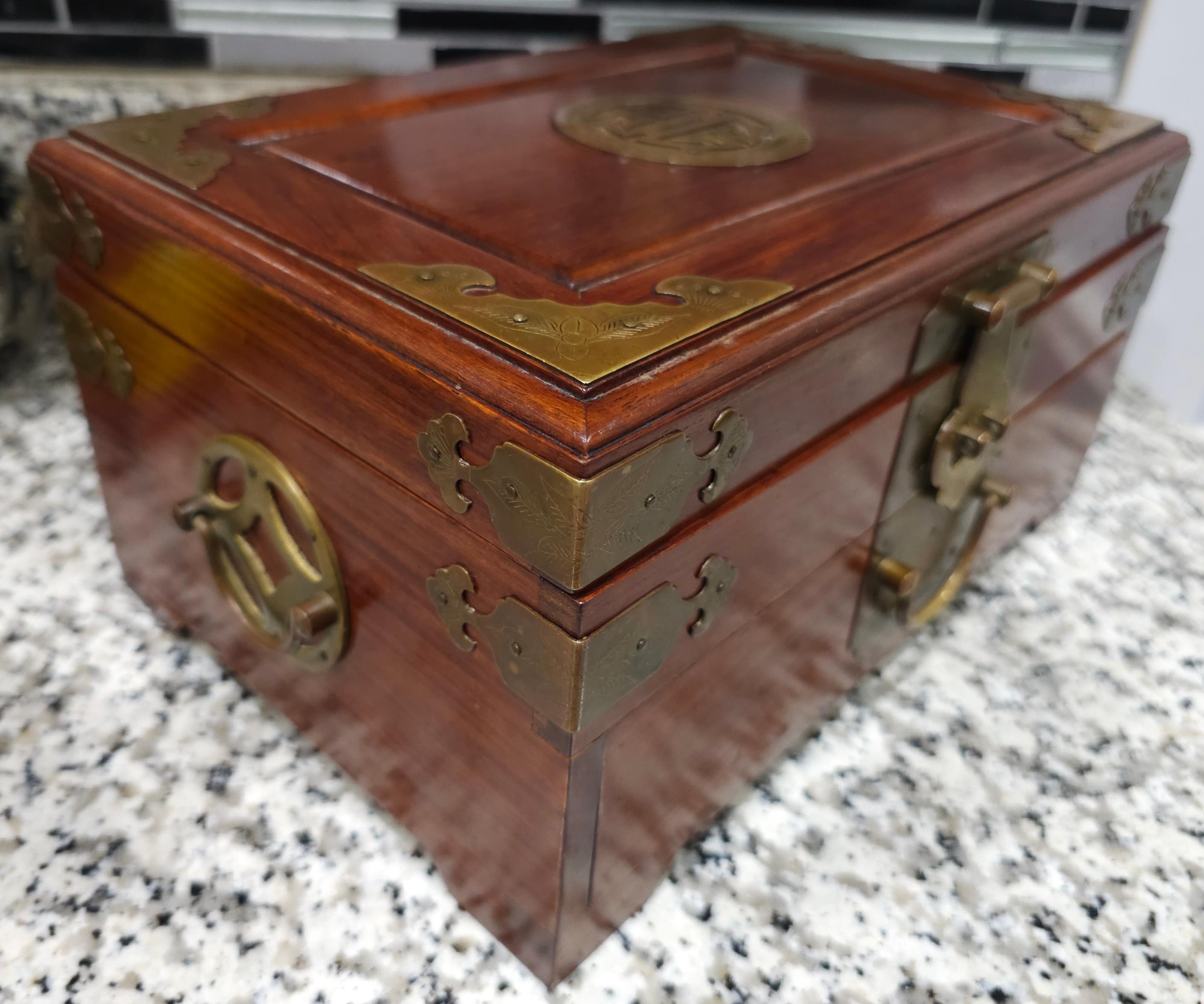 Hand-Crafted Asian Brass Mounted Rosewood and Felt Lined Jewelry Box For Sale