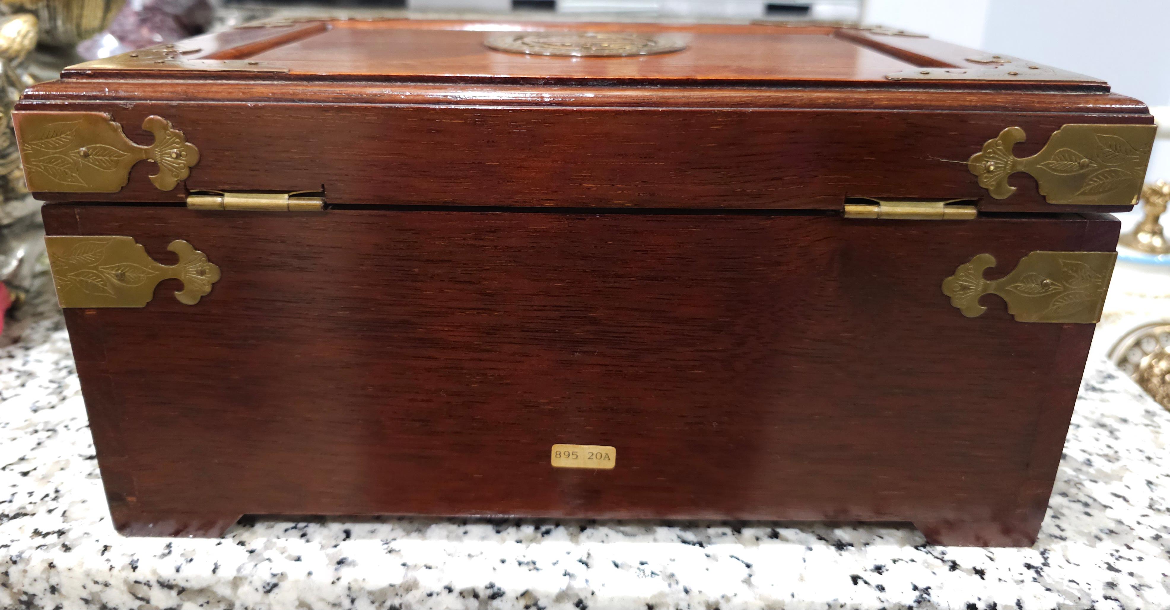 20th Century Asian Brass Mounted Rosewood and Felt Lined Jewelry Box For Sale