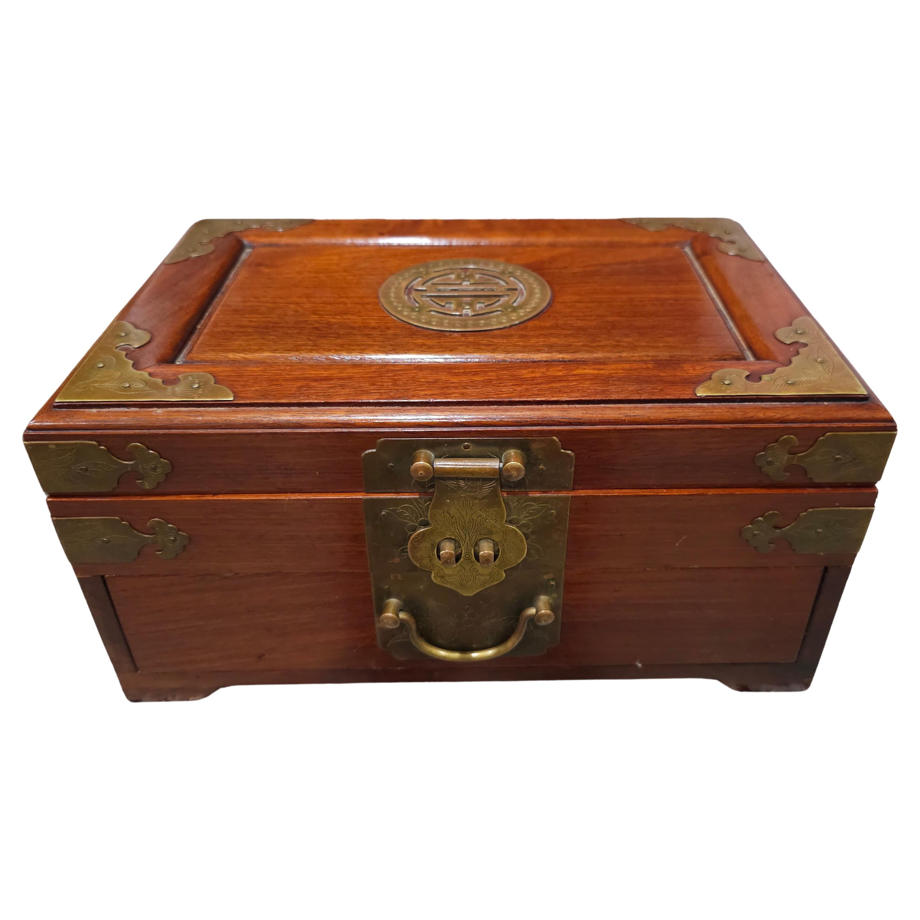 Asian Brass Mounted Rosewood and Felt Lined Jewelry Box For Sale
