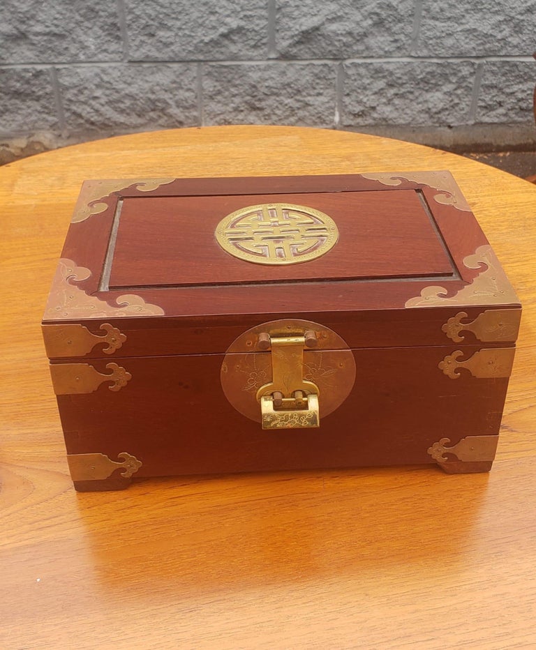Asian Brass Mounted Rosewood Jewelry Box with Lock and Key For Sale 4