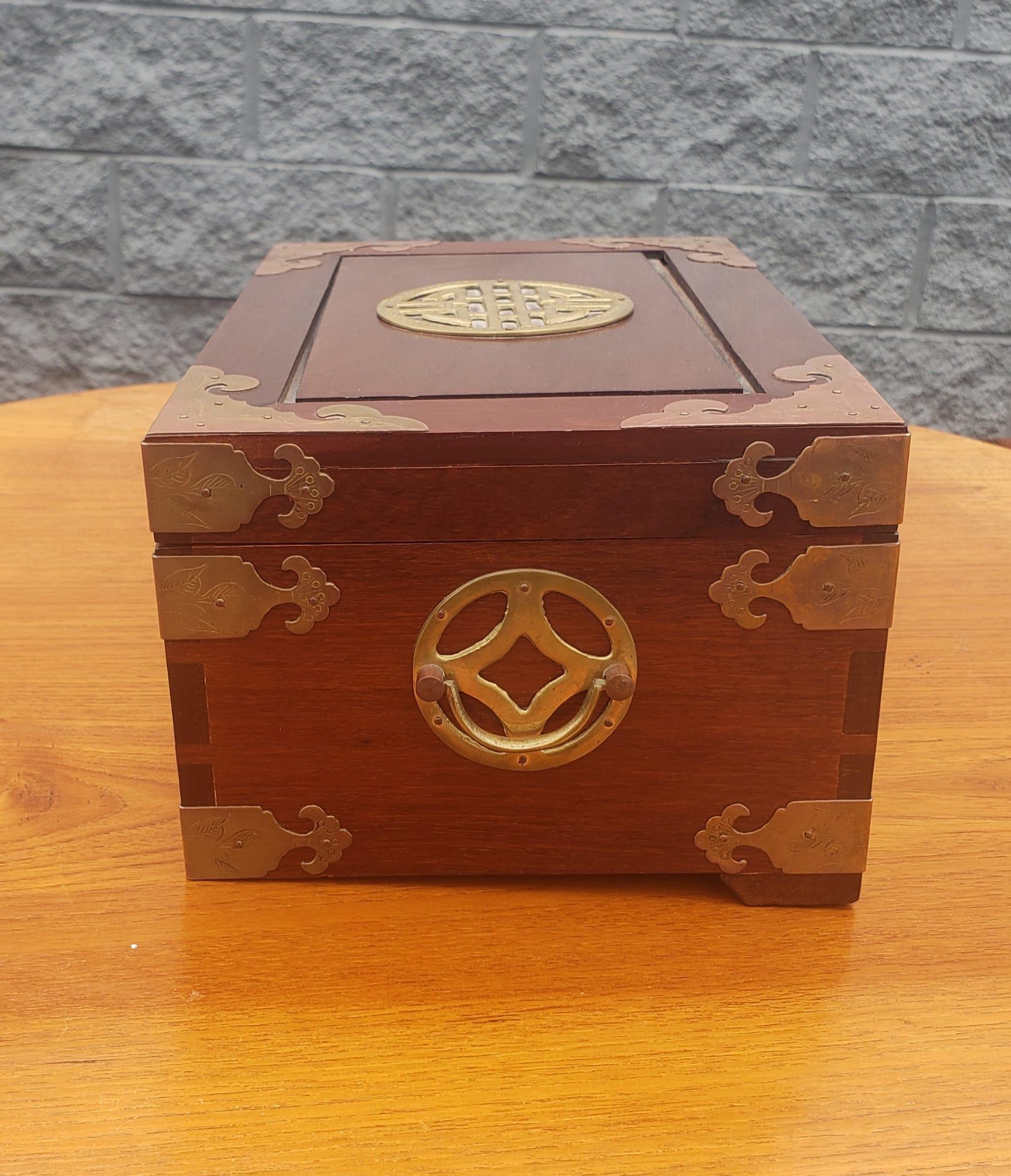 Asian Brass Mounted Rosewood Jewelry Box with Lock and Key 2