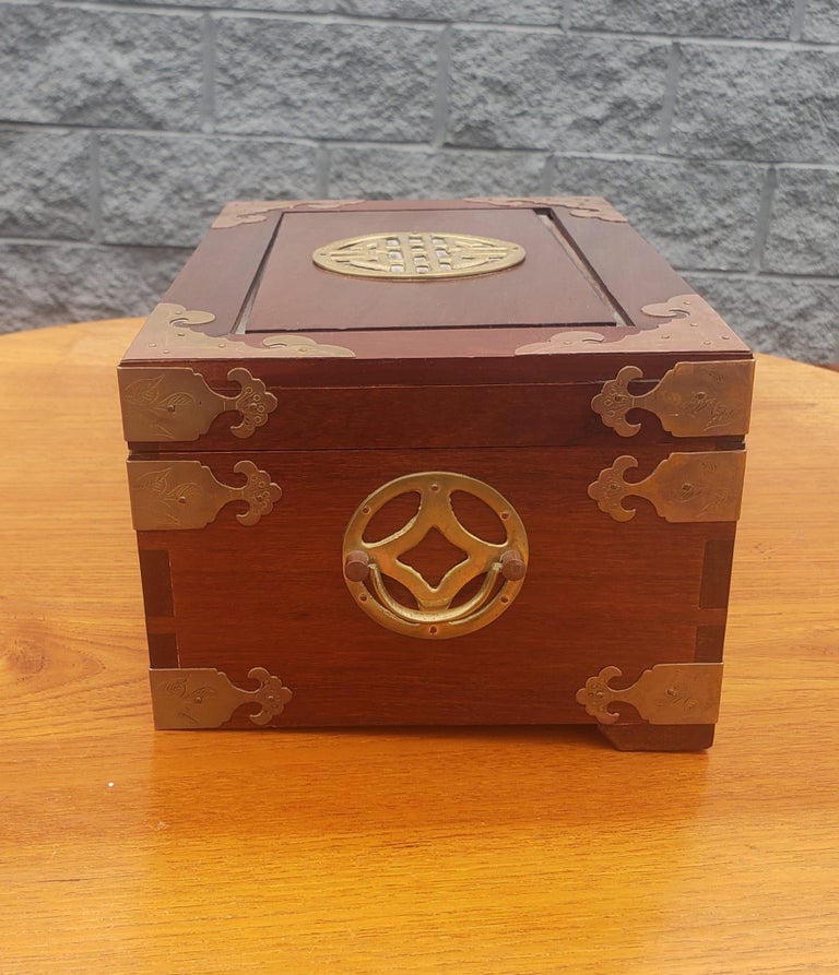 Asian Brass Mounted Rosewood Jewelry Box with Lock and Key For Sale 5