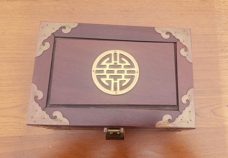 Chinese Export Asian Brass Mounted Rosewood Jewelry Box with Lock and Key For Sale