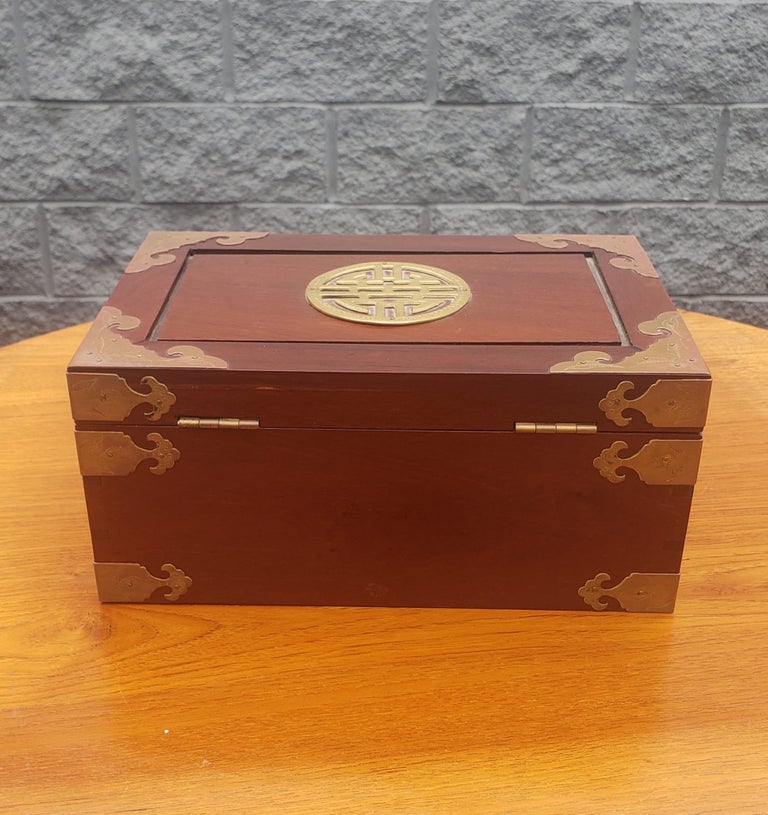 Hand-Crafted Asian Brass Mounted Rosewood Jewelry Box with Lock and Key For Sale
