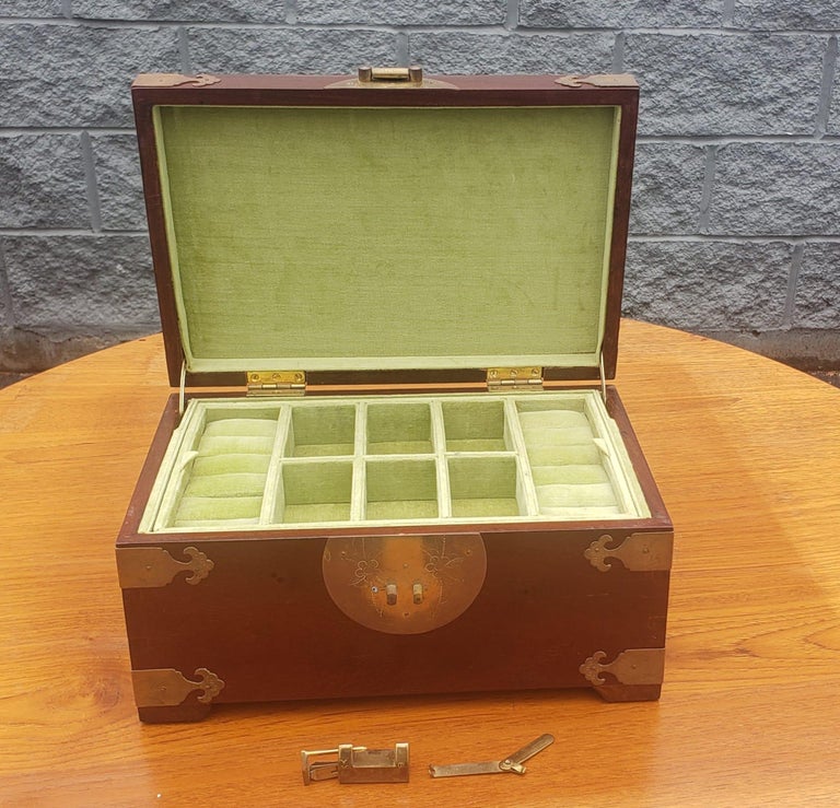 Asian Brass Mounted Rosewood Jewelry Box with Lock and Key In Good Condition For Sale In Germantown, MD