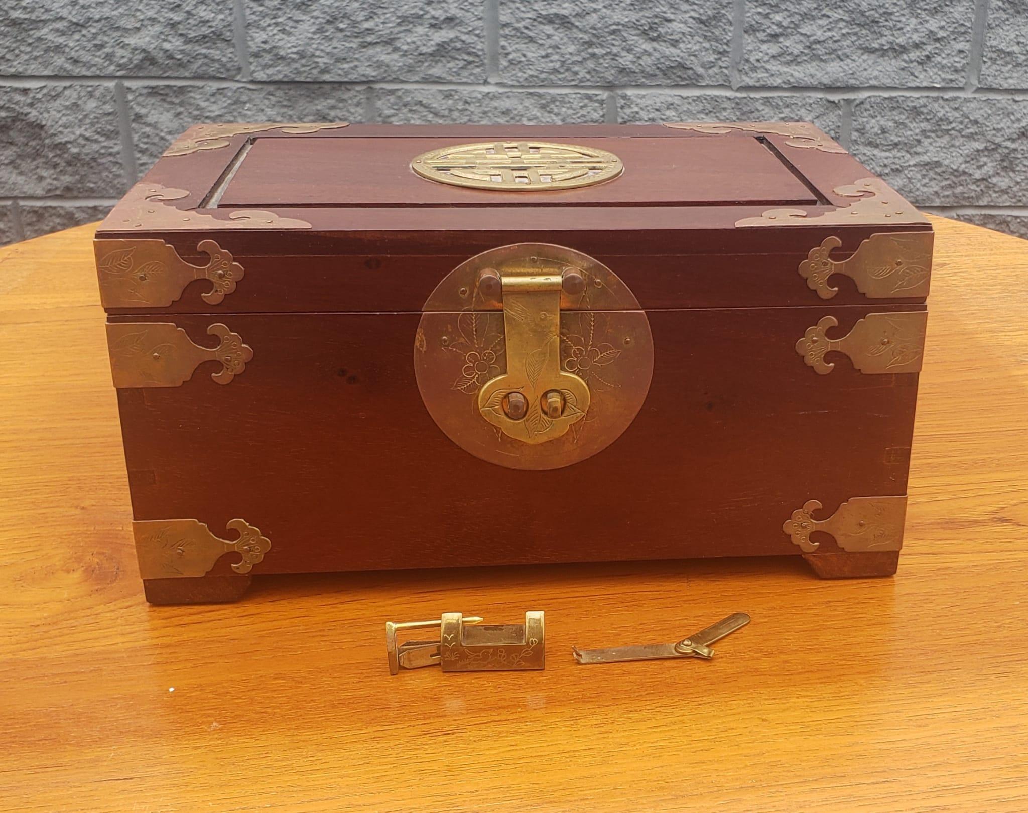 Chinese Export Asian Brass Mounted Rosewood Jewelry Box with Lock and Key