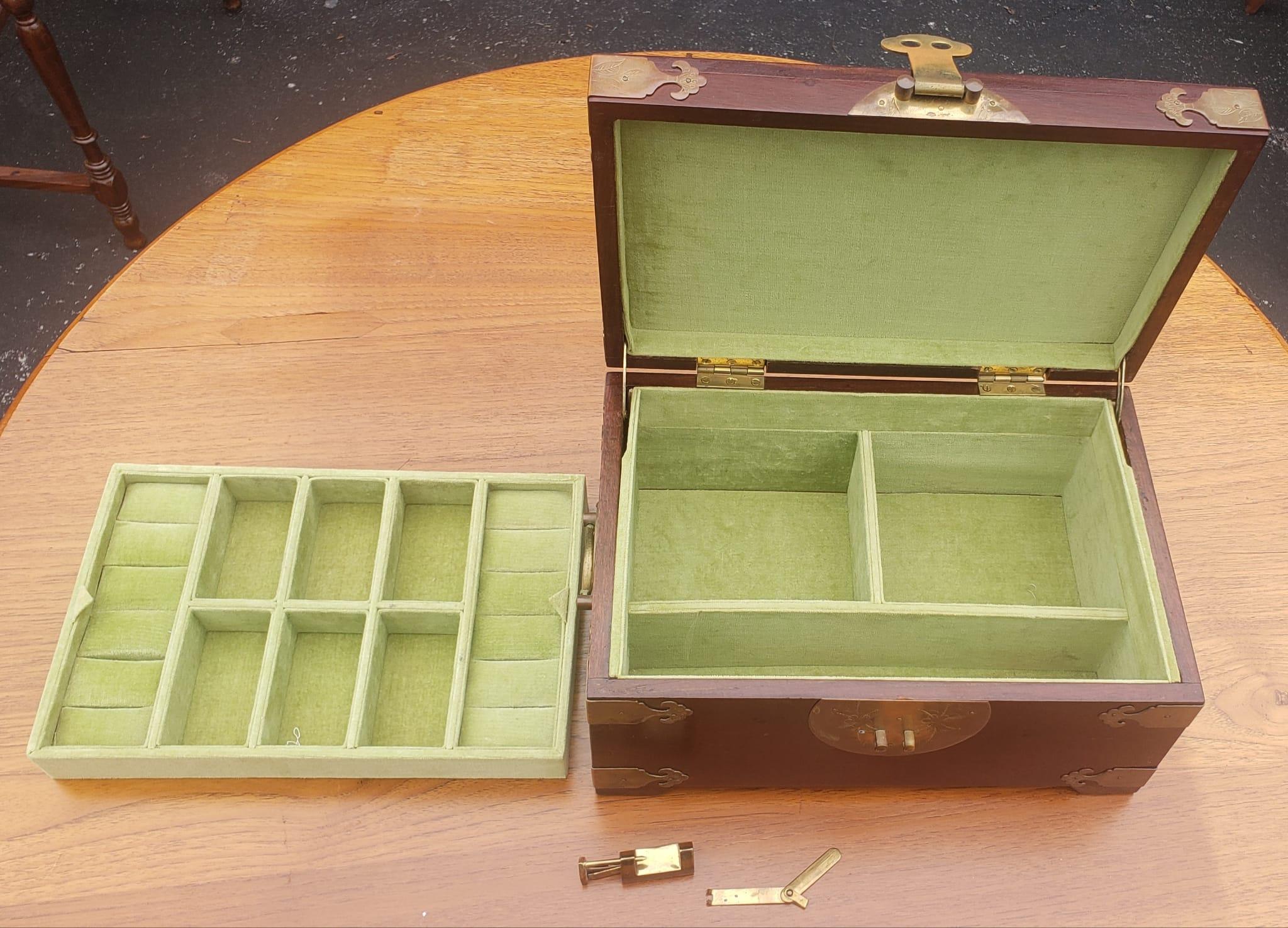 Hand-Crafted Asian Brass Mounted Rosewood Jewelry Box with Lock and Key