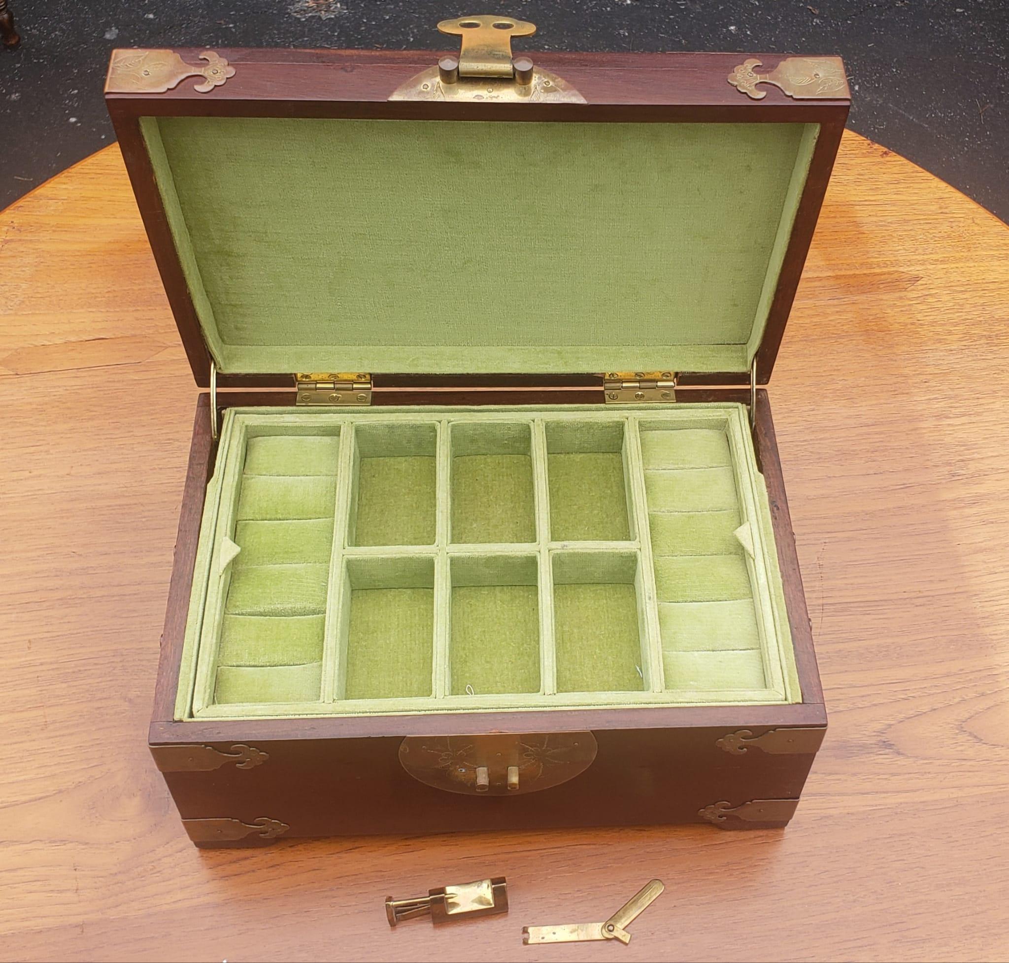 Asian Brass Mounted Rosewood Jewelry Box with Lock and Key In Good Condition In Germantown, MD