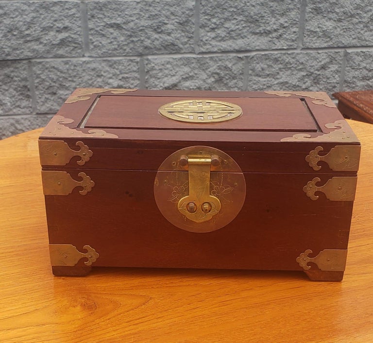 Asian Brass Mounted Rosewood Jewelry Box with Lock and Key For Sale 3