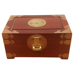 Asian Brass Mounted Rosewood Jewelry Box with Lock and Key