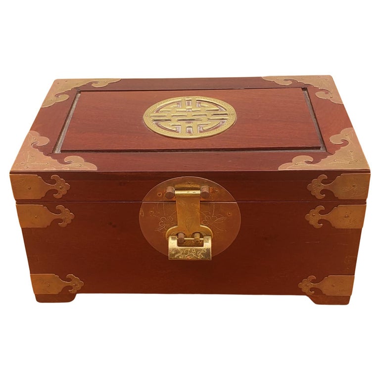 Asian Brass Mounted Rosewood Jewelry Box with Lock and Key For Sale
