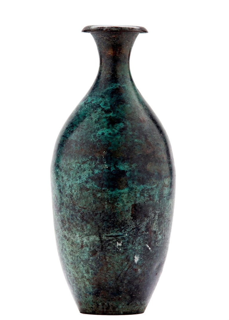 Asian Bronze Bud Vase with Green Patina For Sale at 1stDibs