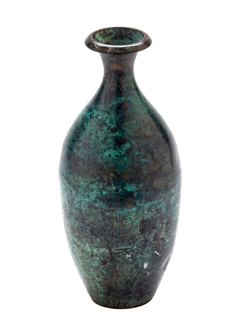 Asian Bronze Bud Vase with Green Patina For Sale at 1stDibs