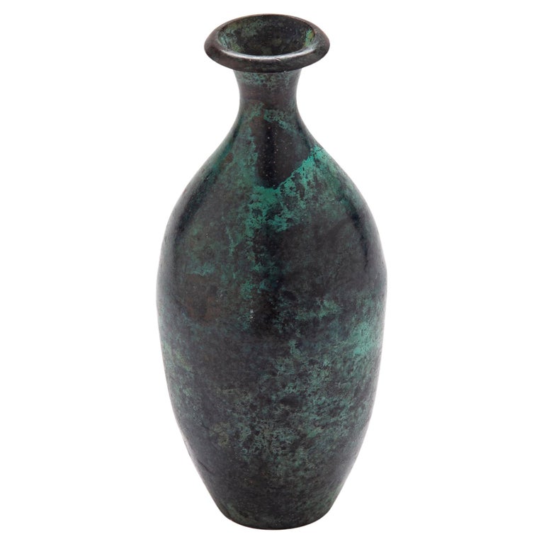 Asian Bronze Bud Vase with Green Patina For Sale at 1stDibs