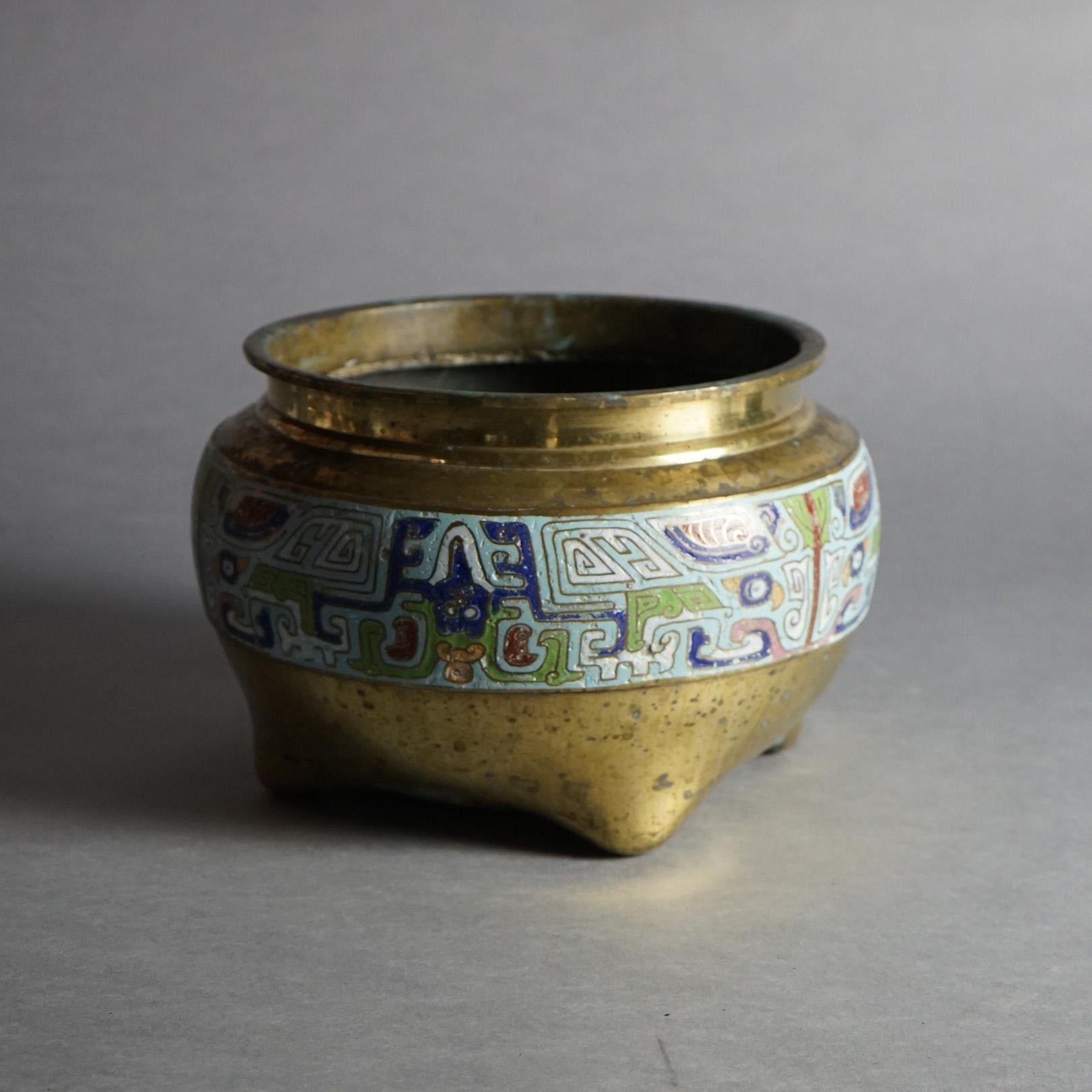 Asian Bronze & Enamel Footed Jardiniere 20thC In Good Condition For Sale In Big Flats, NY