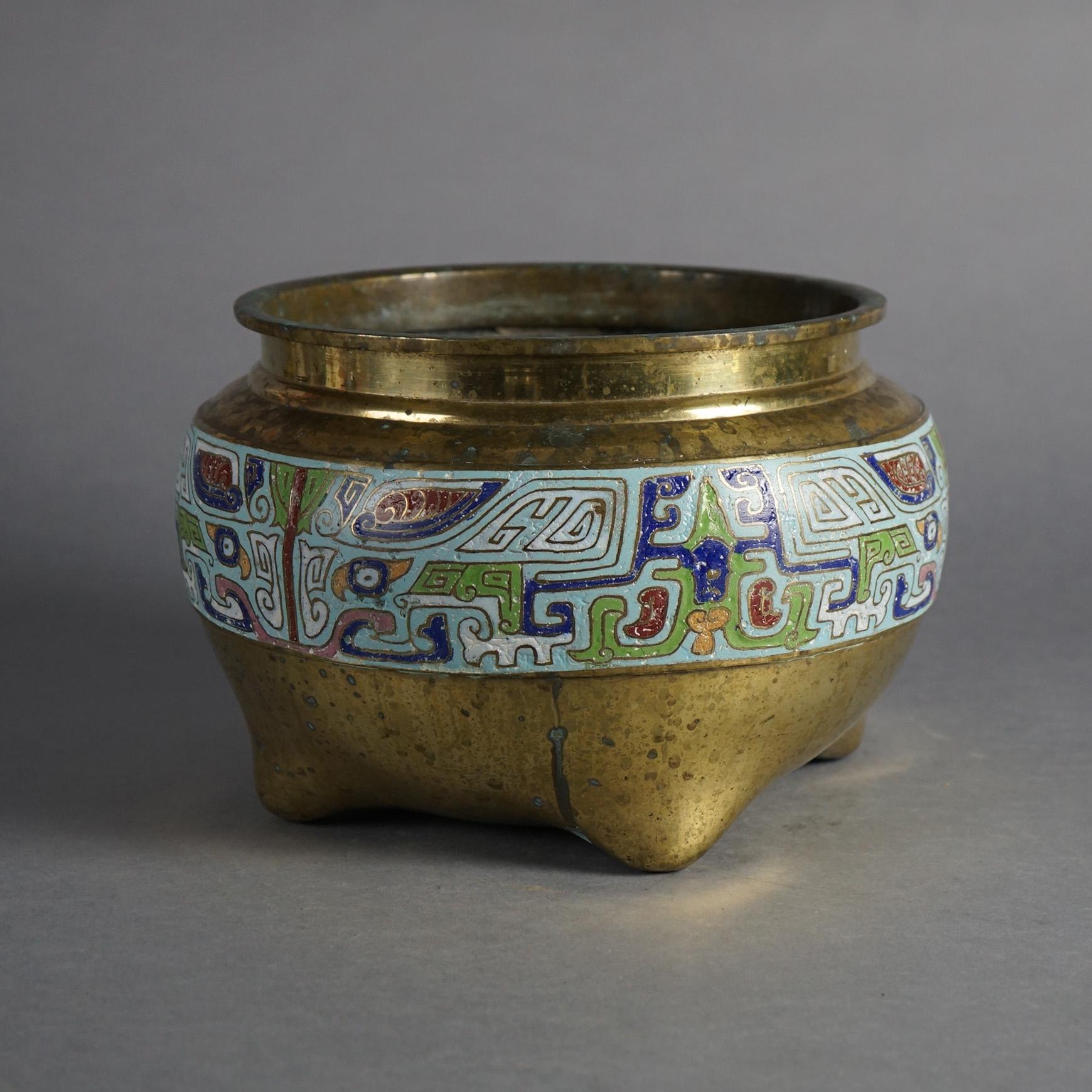 Asian Bronze & Enamel Footed Jardiniere 20thC For Sale 1