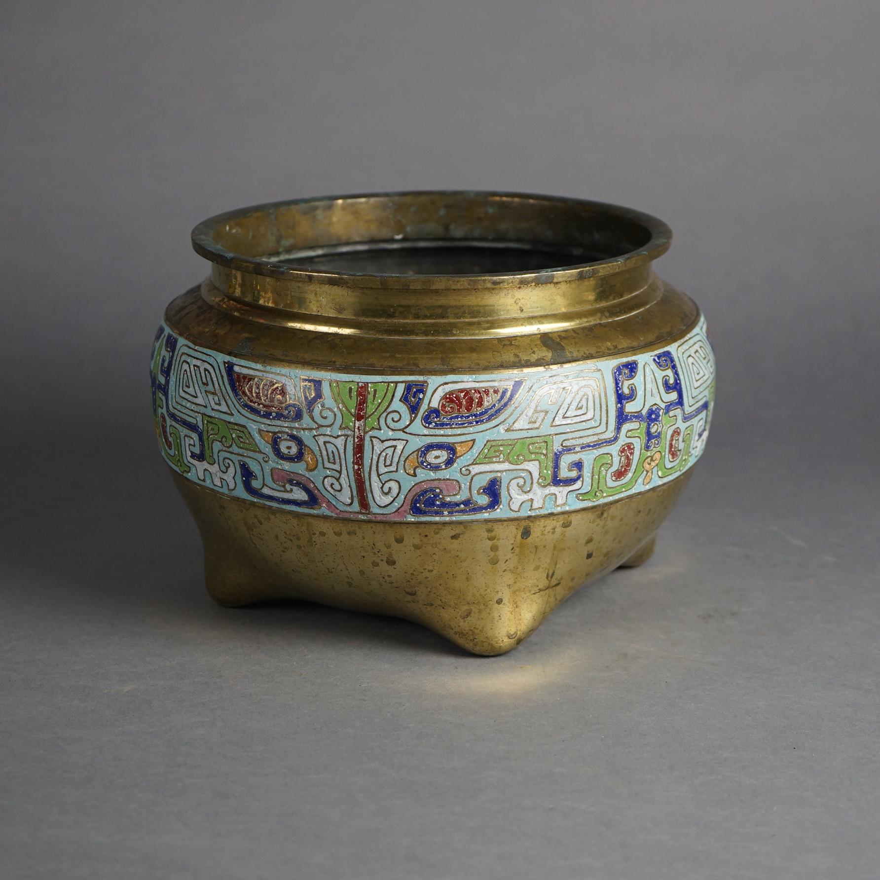 Asian Bronze & Enamel Footed Jardiniere 20thC For Sale 3