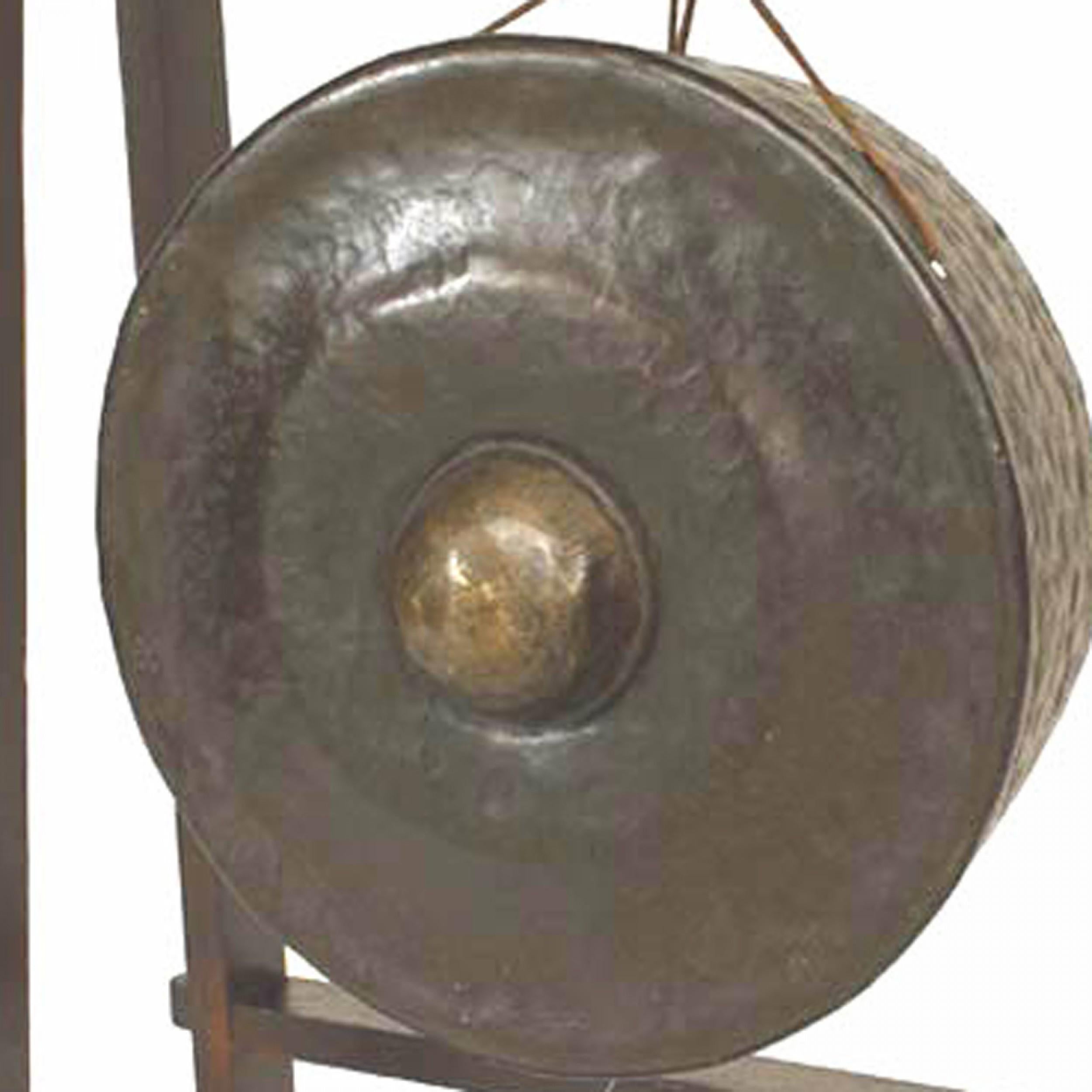 Stained Asian Bronze Gong With Stand For Sale
