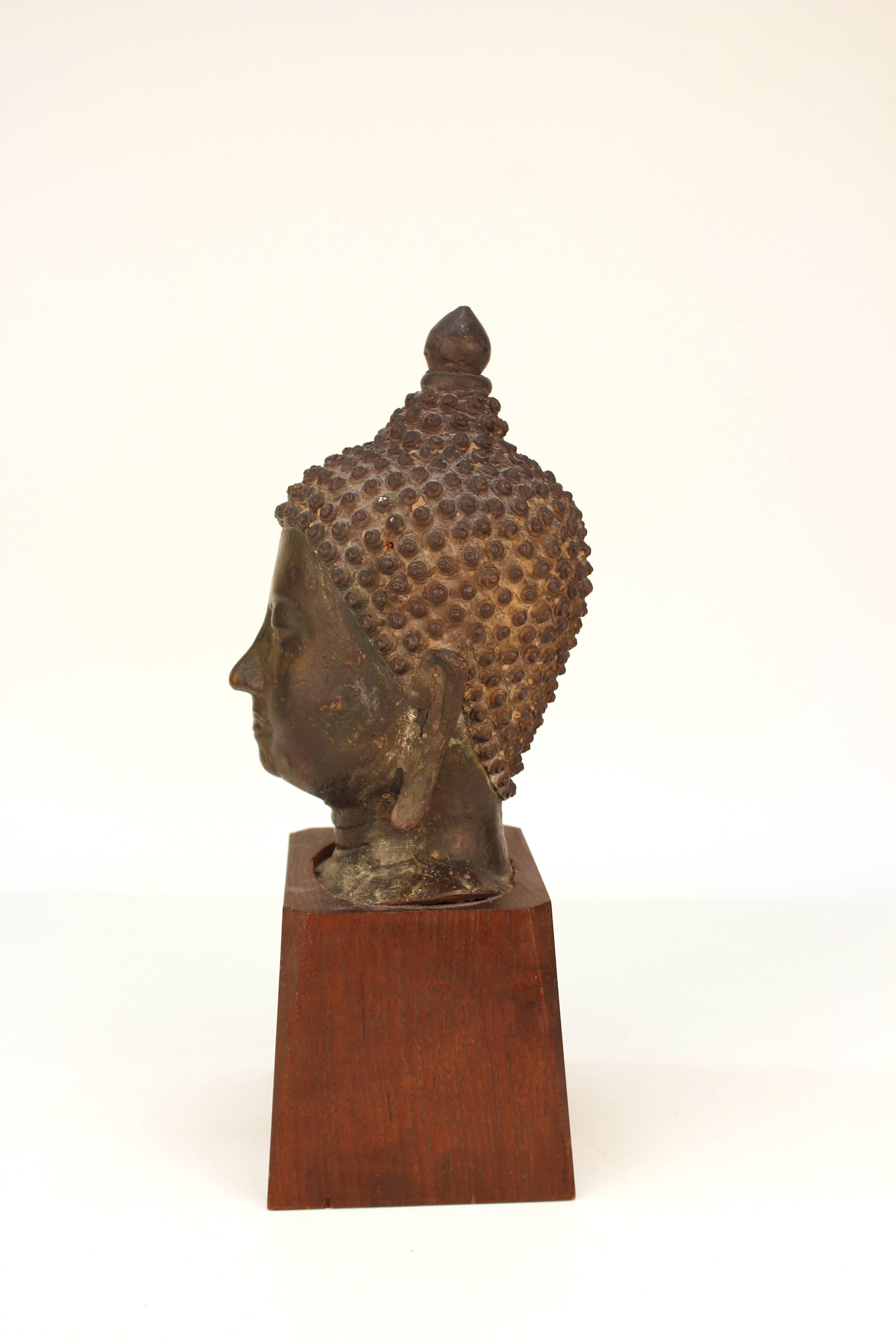 Asian Bronze Head of Shakyamuni Buddha on Wood Base 1