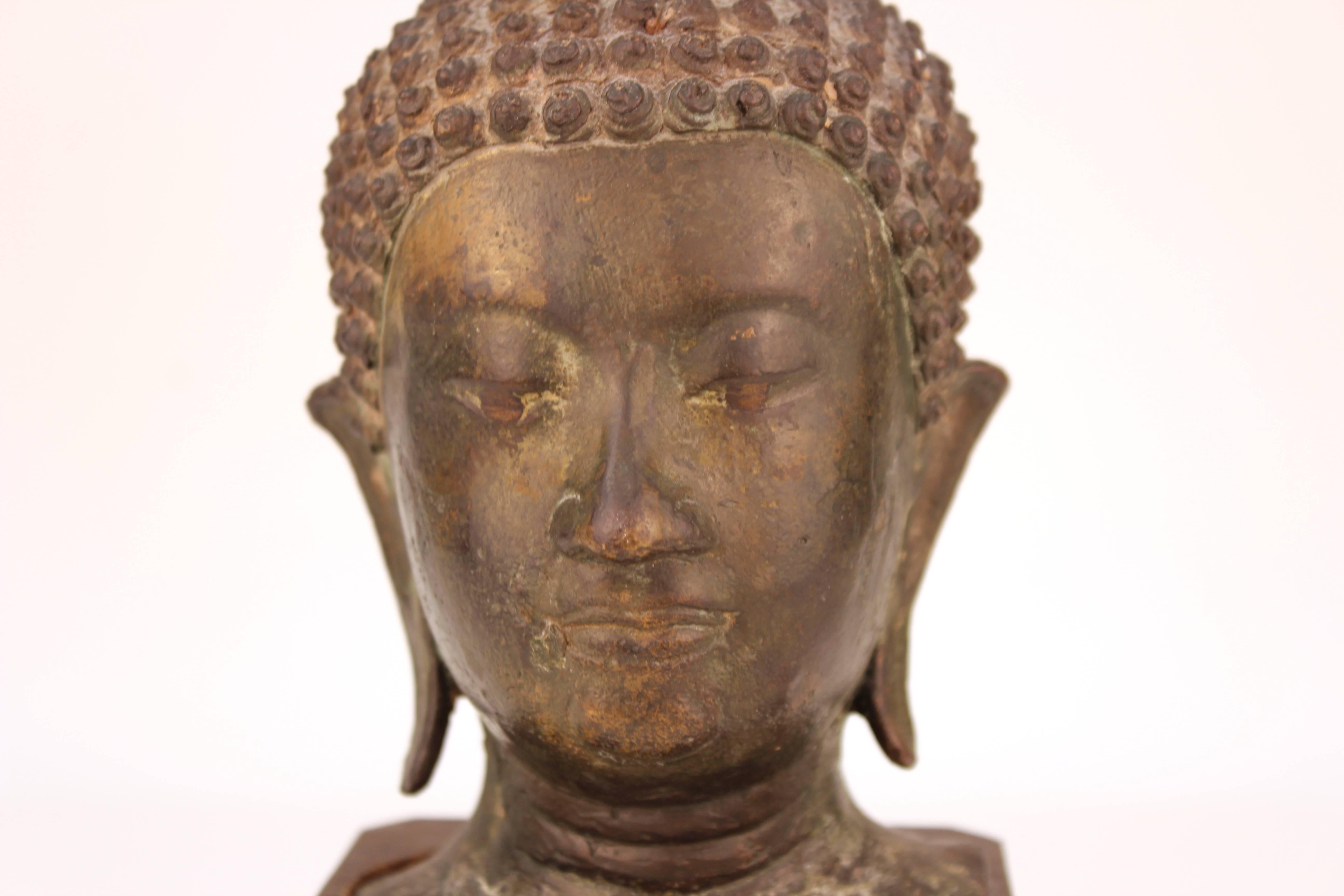 Asian Bronze Head of Shakyamuni Buddha on Wood Base 2