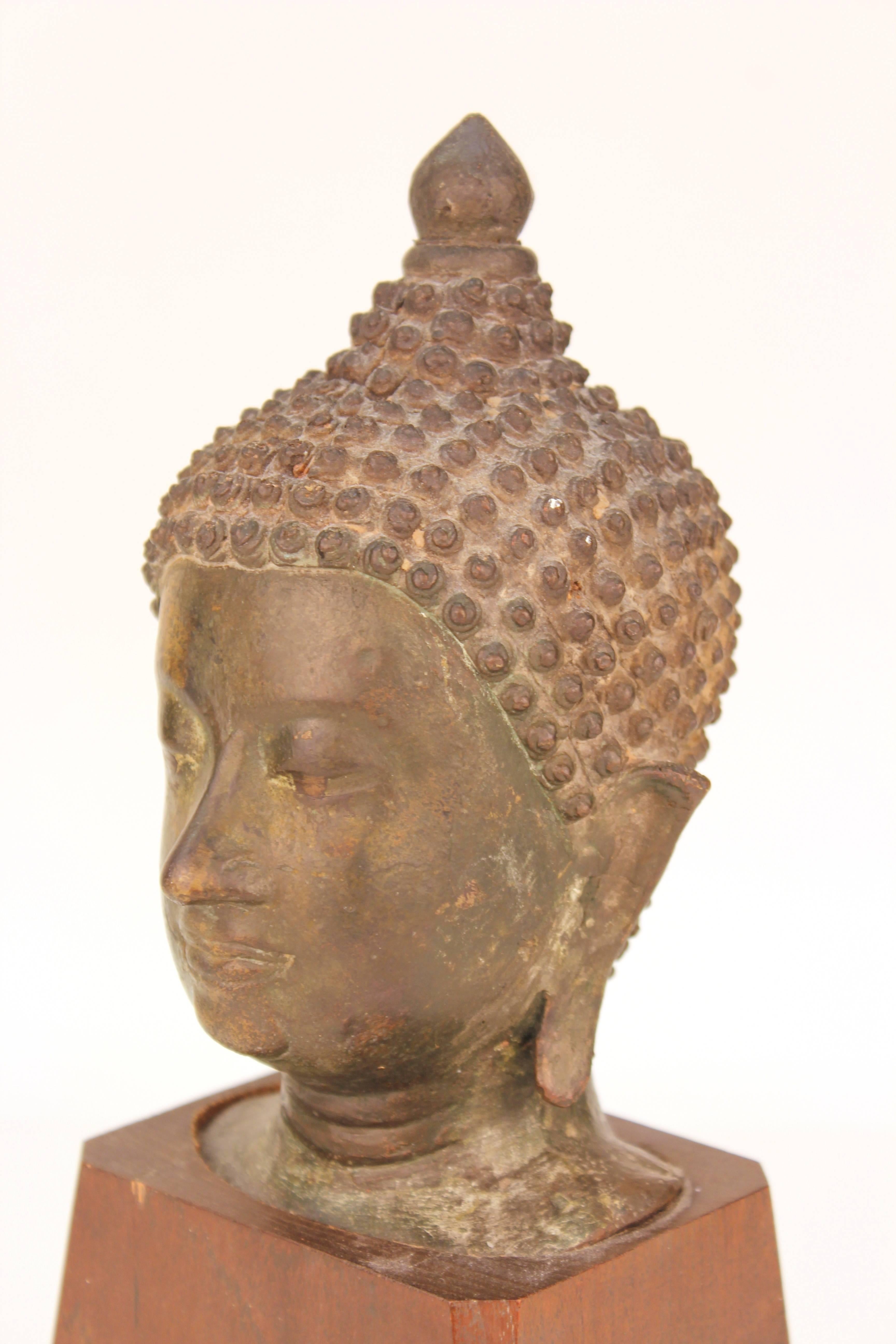 Asian Bronze Head of Shakyamuni Buddha on Wood Base 3