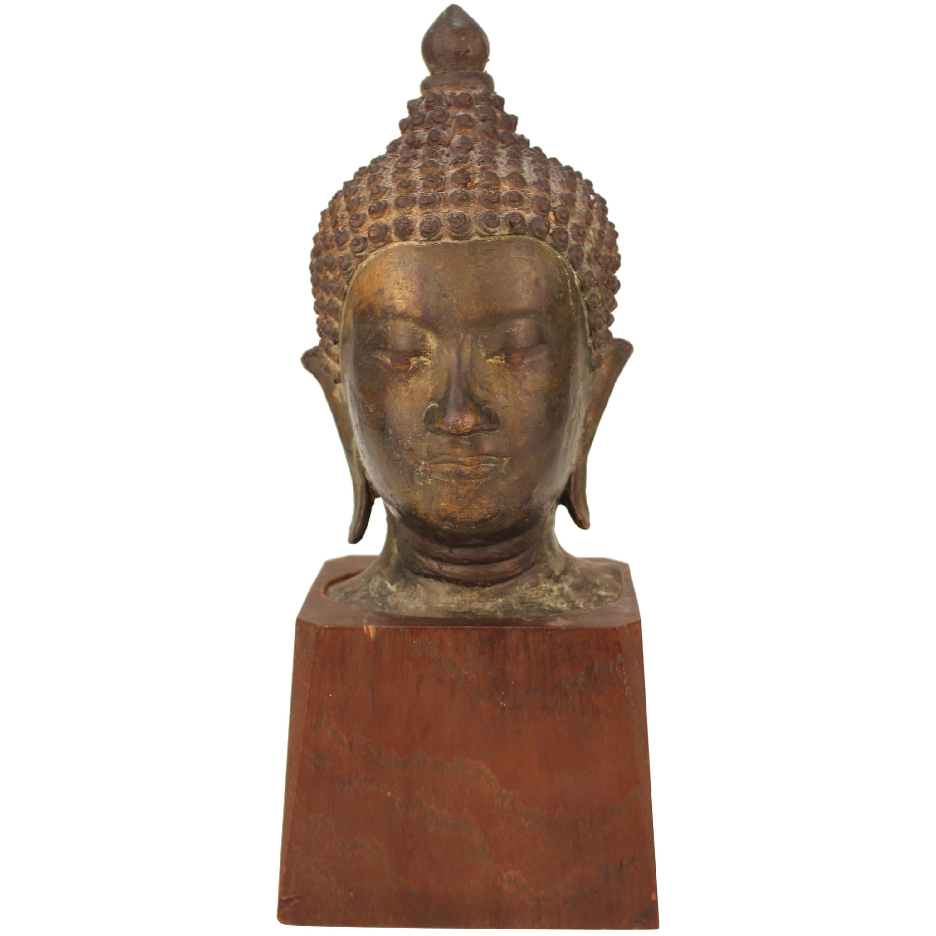 Asian Bronze Head of Shakyamuni Buddha on Wood Base