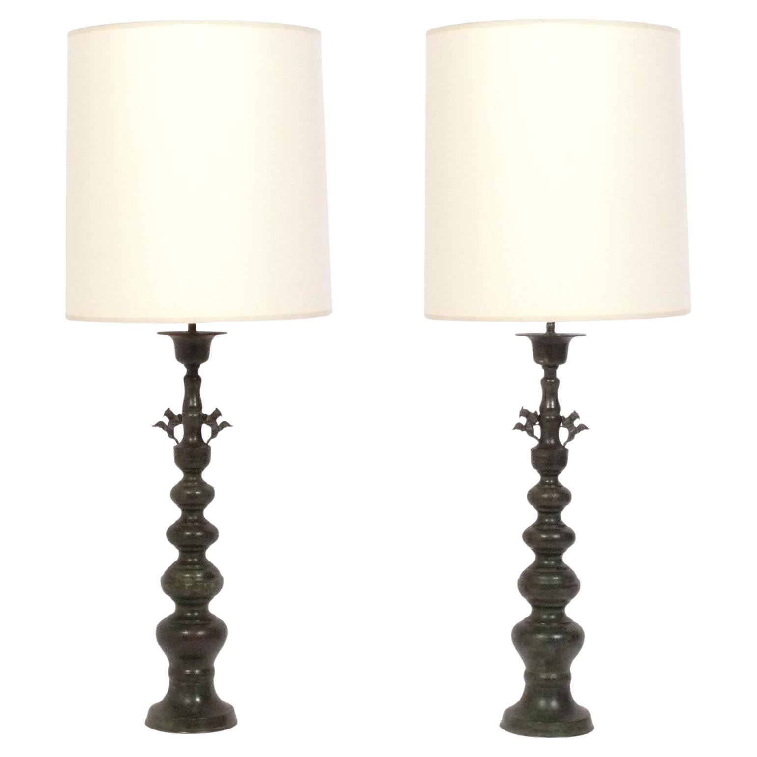 Asian Bronze Lamps Mid Century Modern Chinoiserie Great Patina Rewired