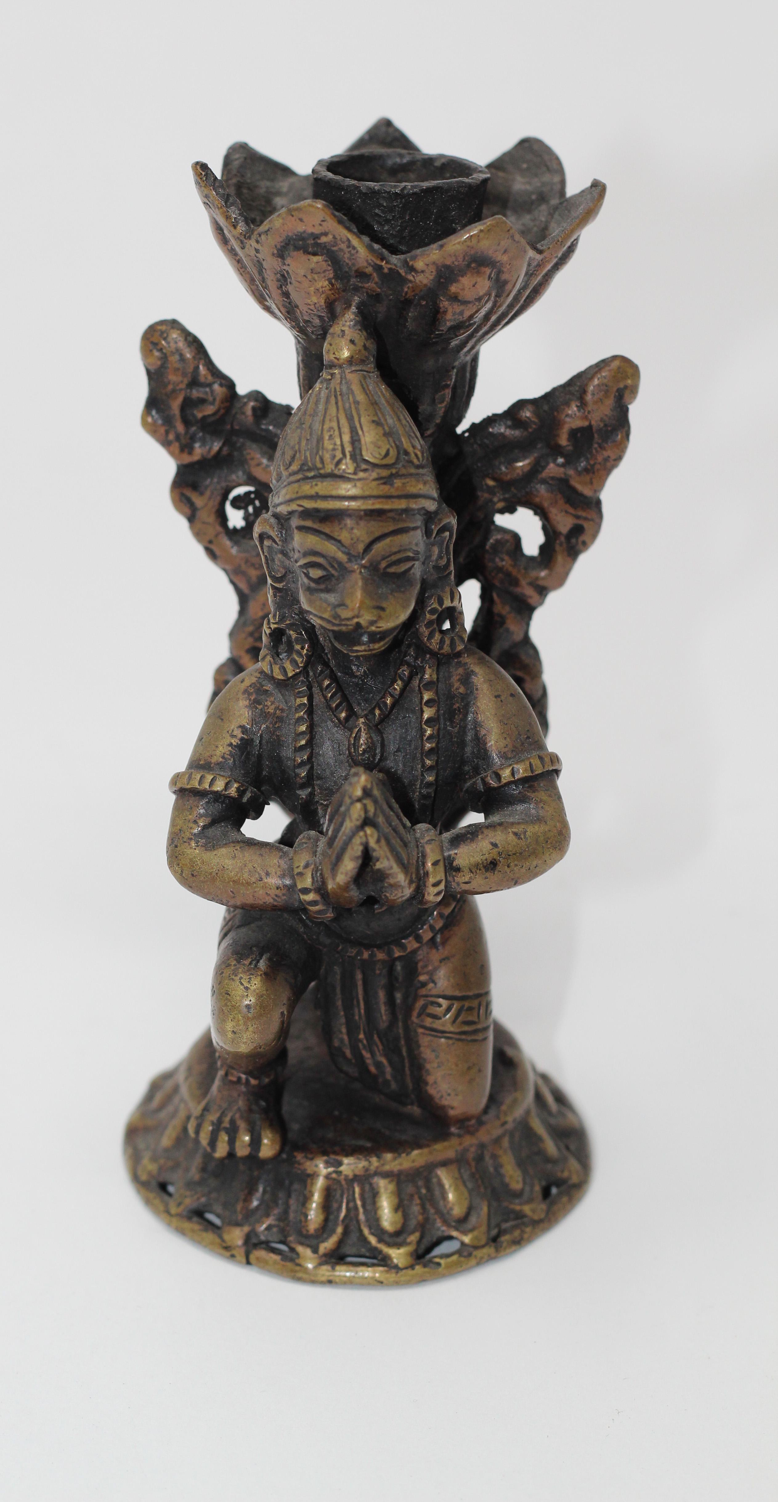 Asian Bronze Pair of Hanuman Kneeling Buddhist Figure Candleholders For Sale 4