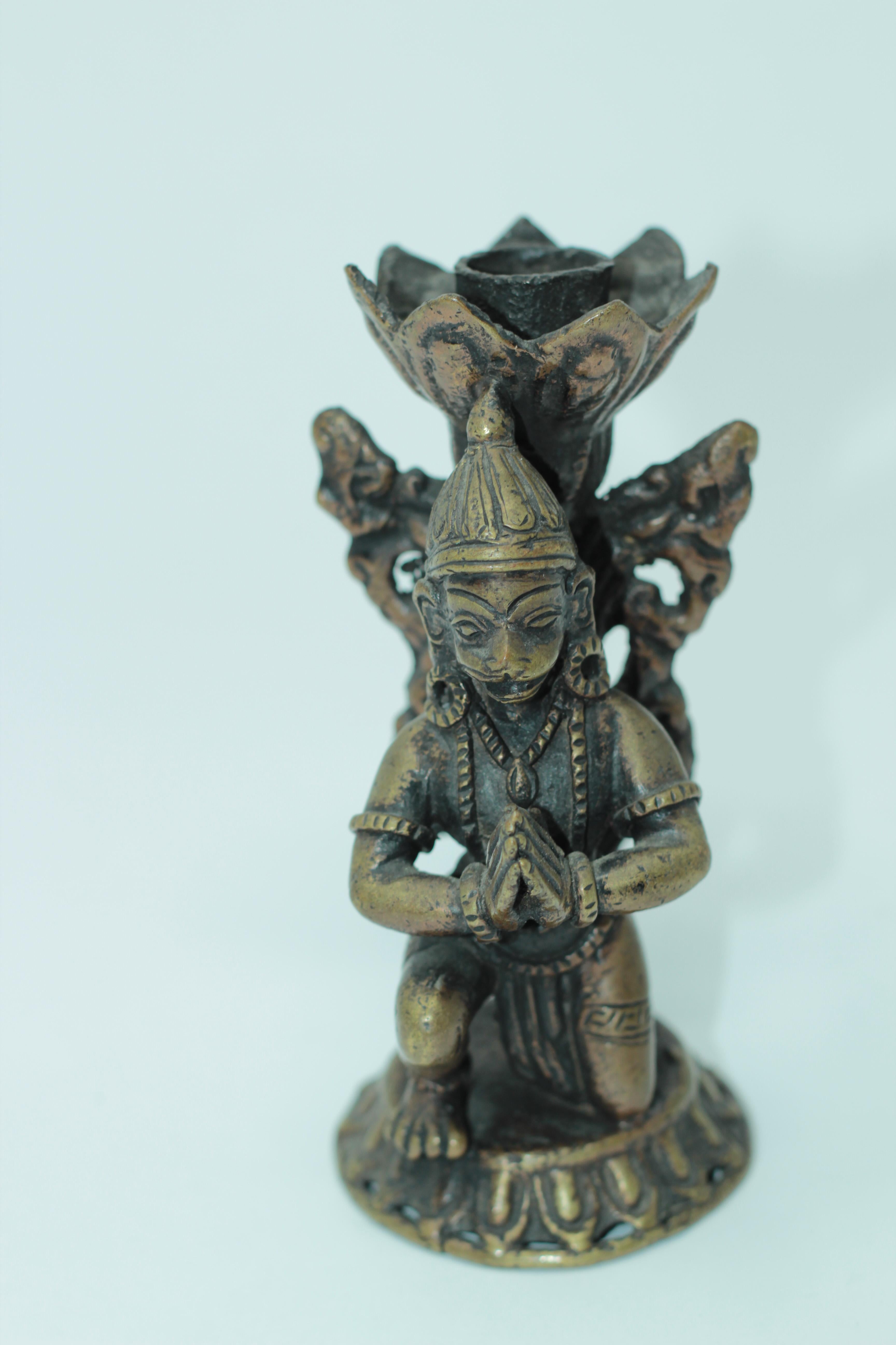 Asian Bronze Pair of Hanuman Kneeling Buddhist Figure Candleholders For Sale 5