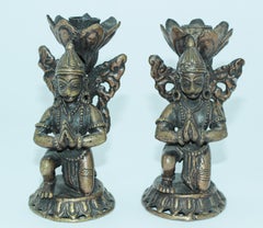 Asian Bronze Pair of Hanuman Kneeling Buddhist Figure Candleholders