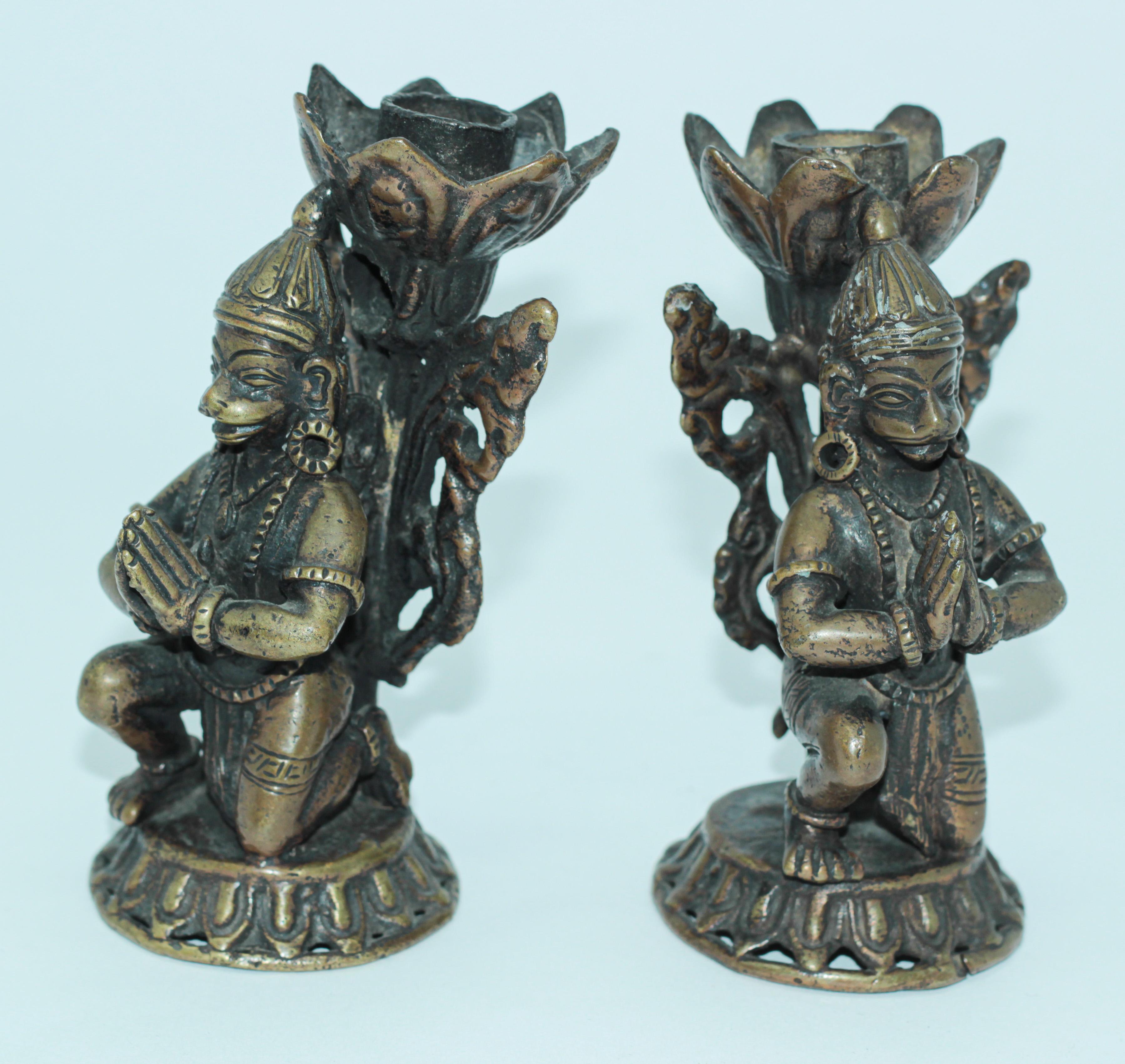 Folk Art Asian Bronze Pair of Hanuman Kneeling Buddhist Figure Candleholders For Sale