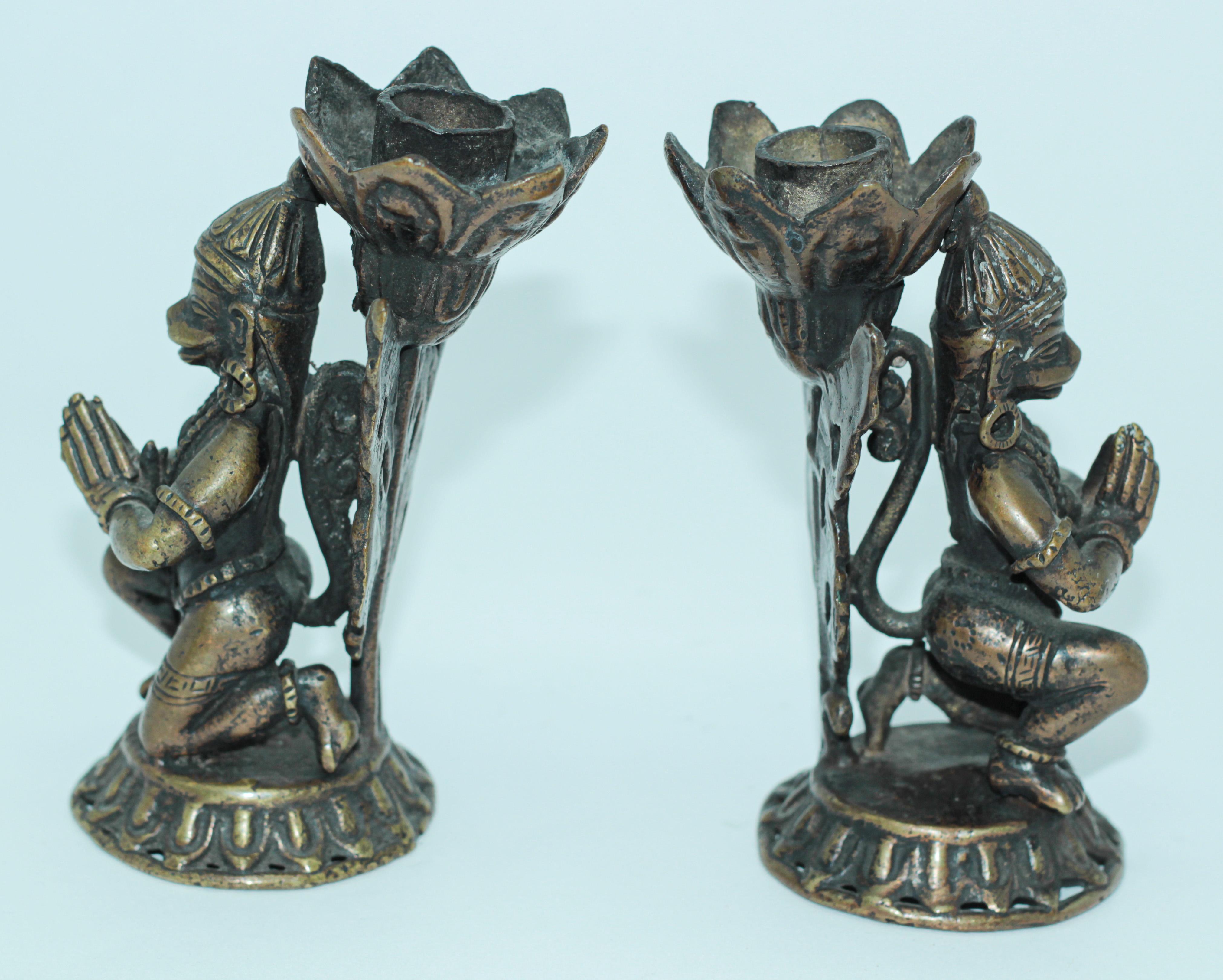 Indian Asian Bronze Pair of Hanuman Kneeling Buddhist Figure Candleholders For Sale