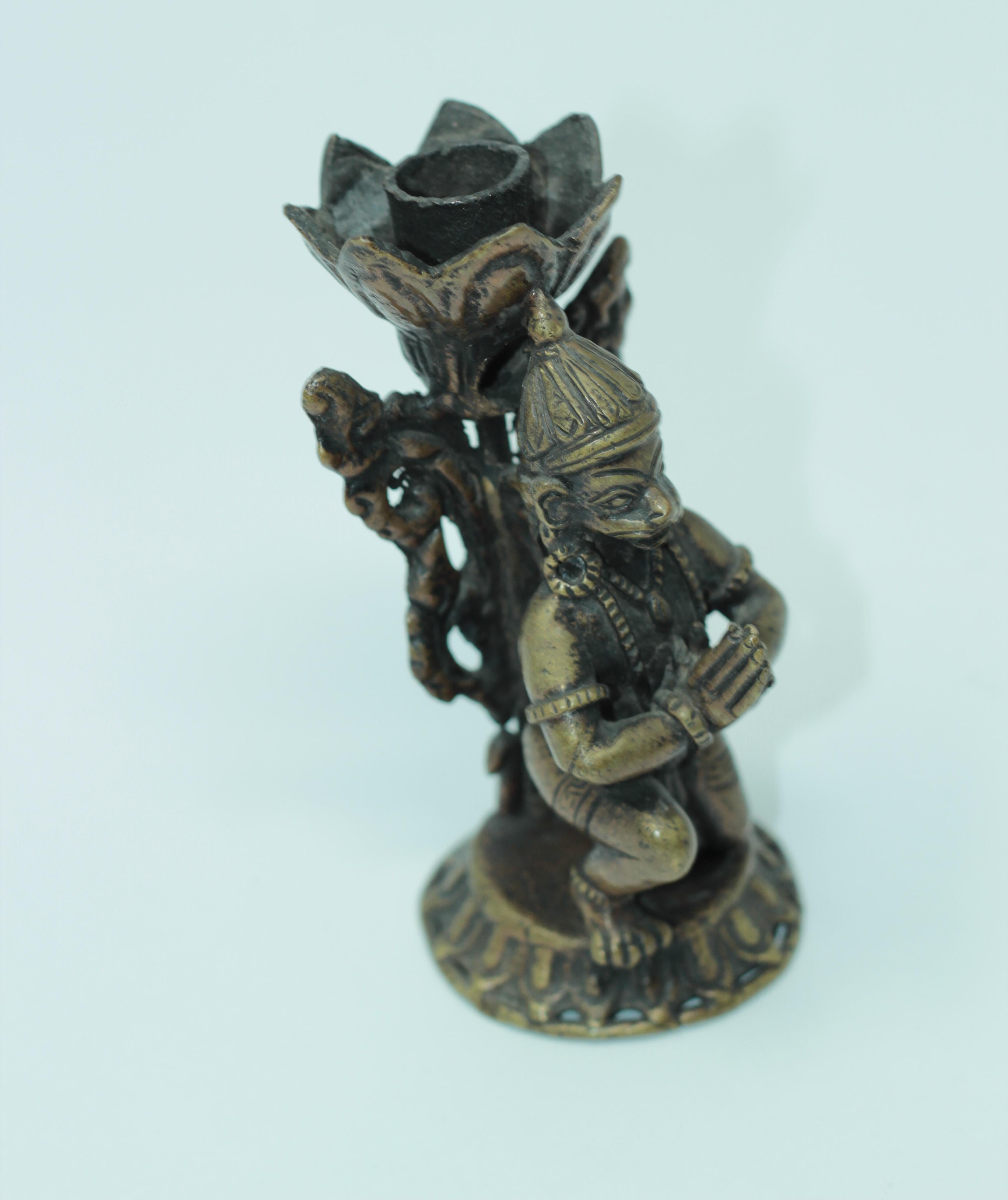 Asian Bronze Pair of Hanuman Kneeling Buddhist Figure Candleholders For Sale 1