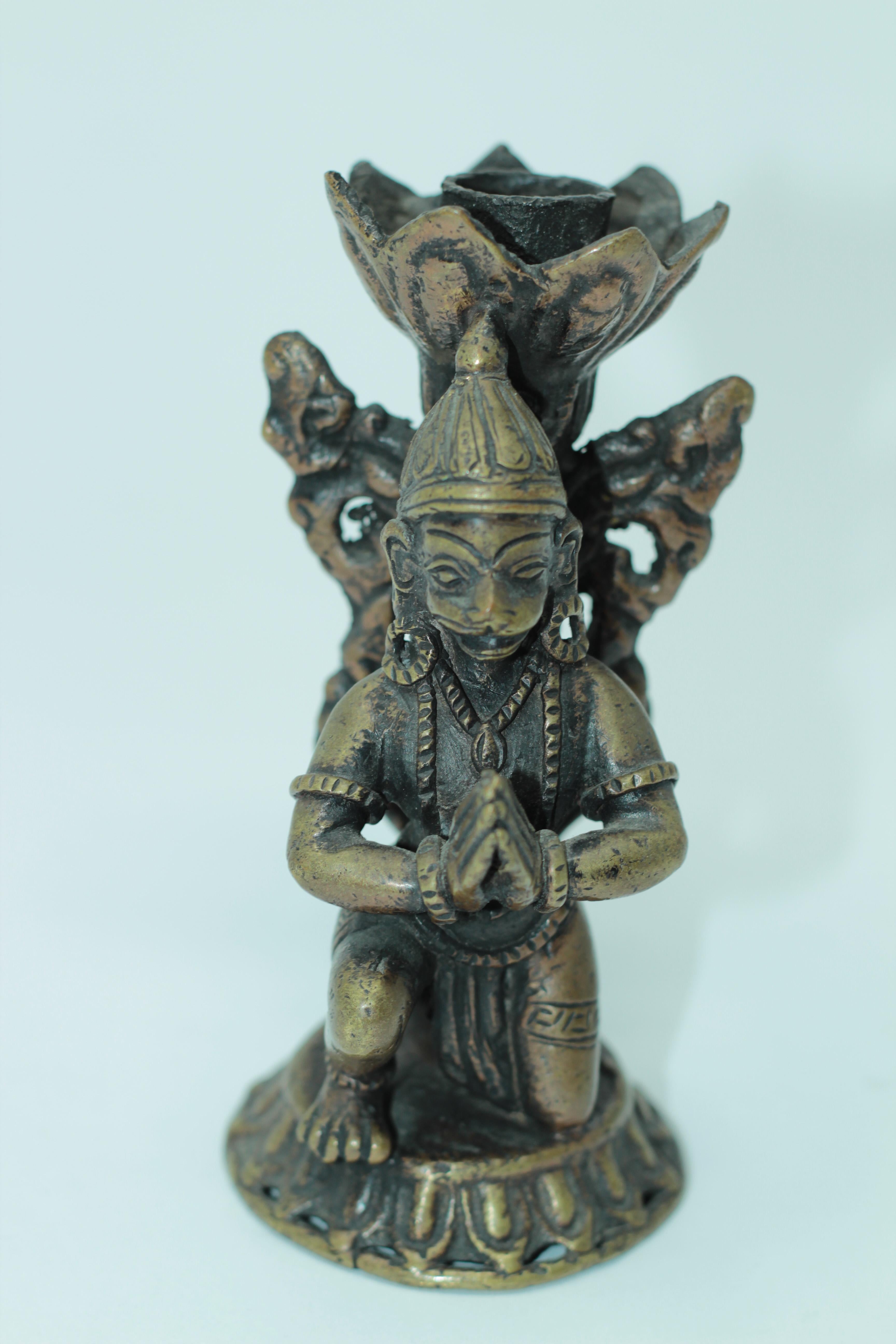 Asian Bronze Pair of Hanuman Kneeling Buddhist Figure Candleholders For Sale 2