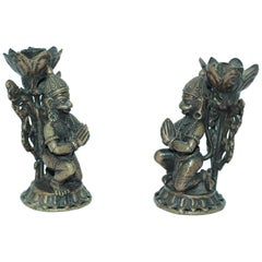 Vintage Asian Bronze Pair of Hanuman Kneeling Buddhist Figure Candleholders