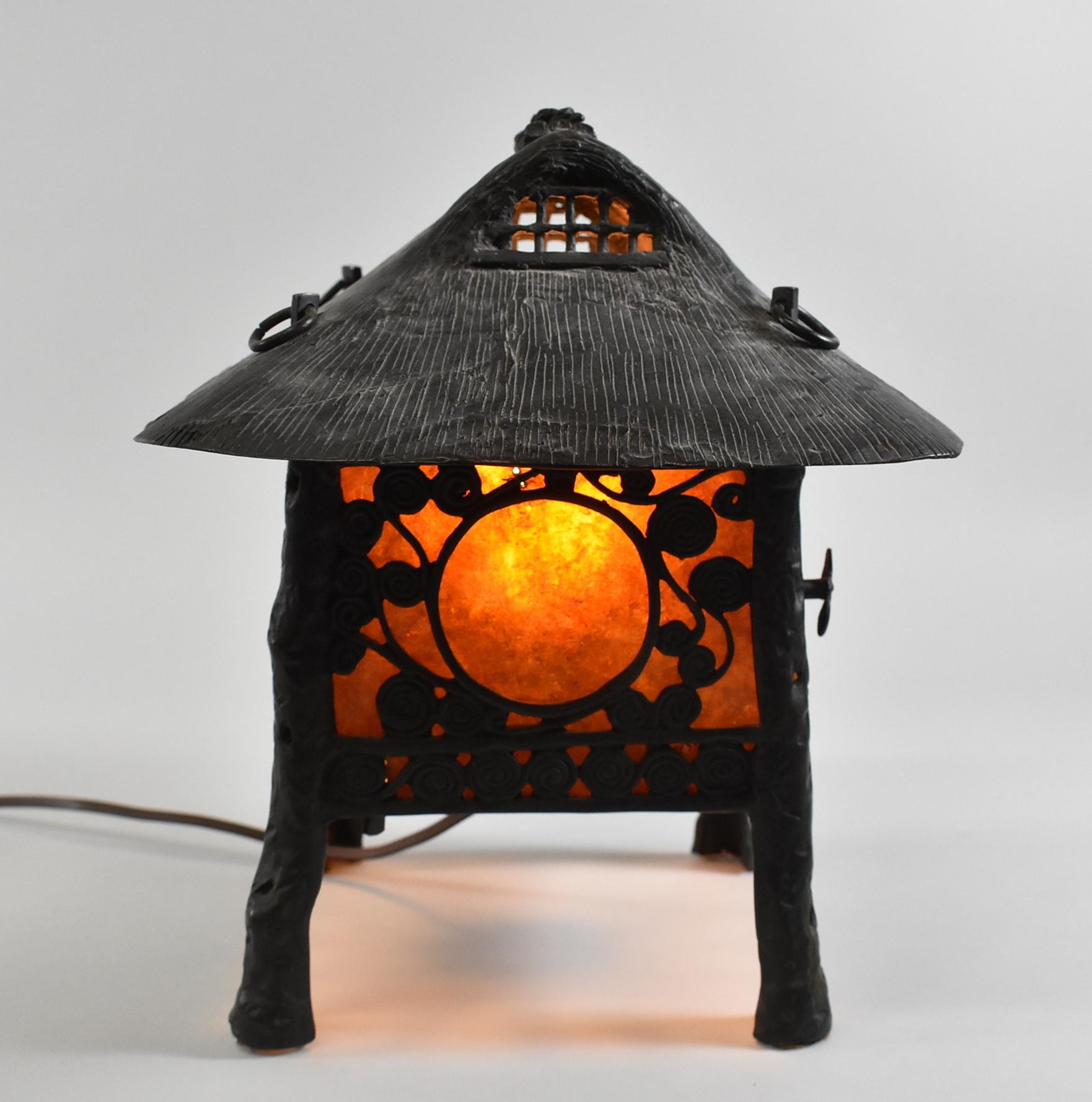 Arts and Crafts Asian Bronze Spider Web Lamp For Sale