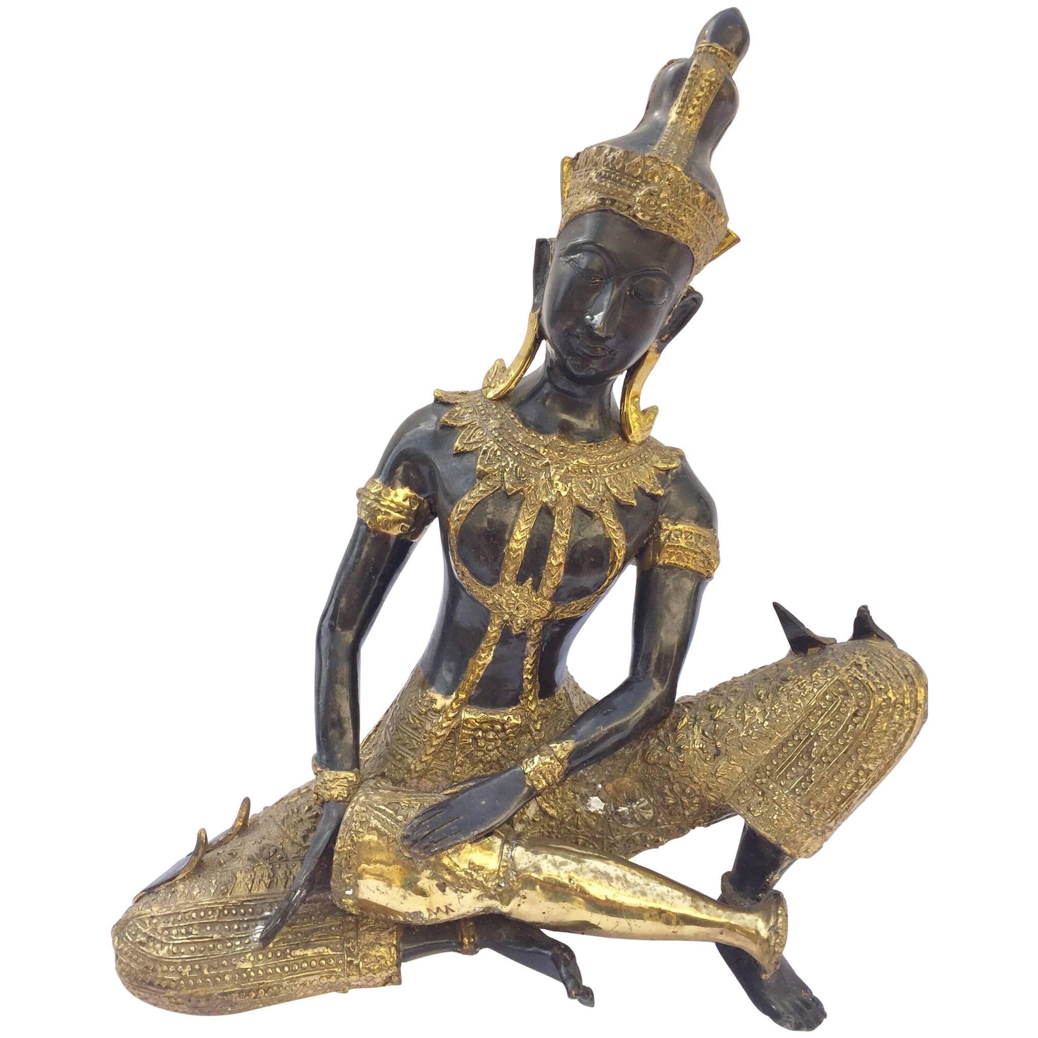 Asian Bronze Statue of a Thai Prince Playing Drum