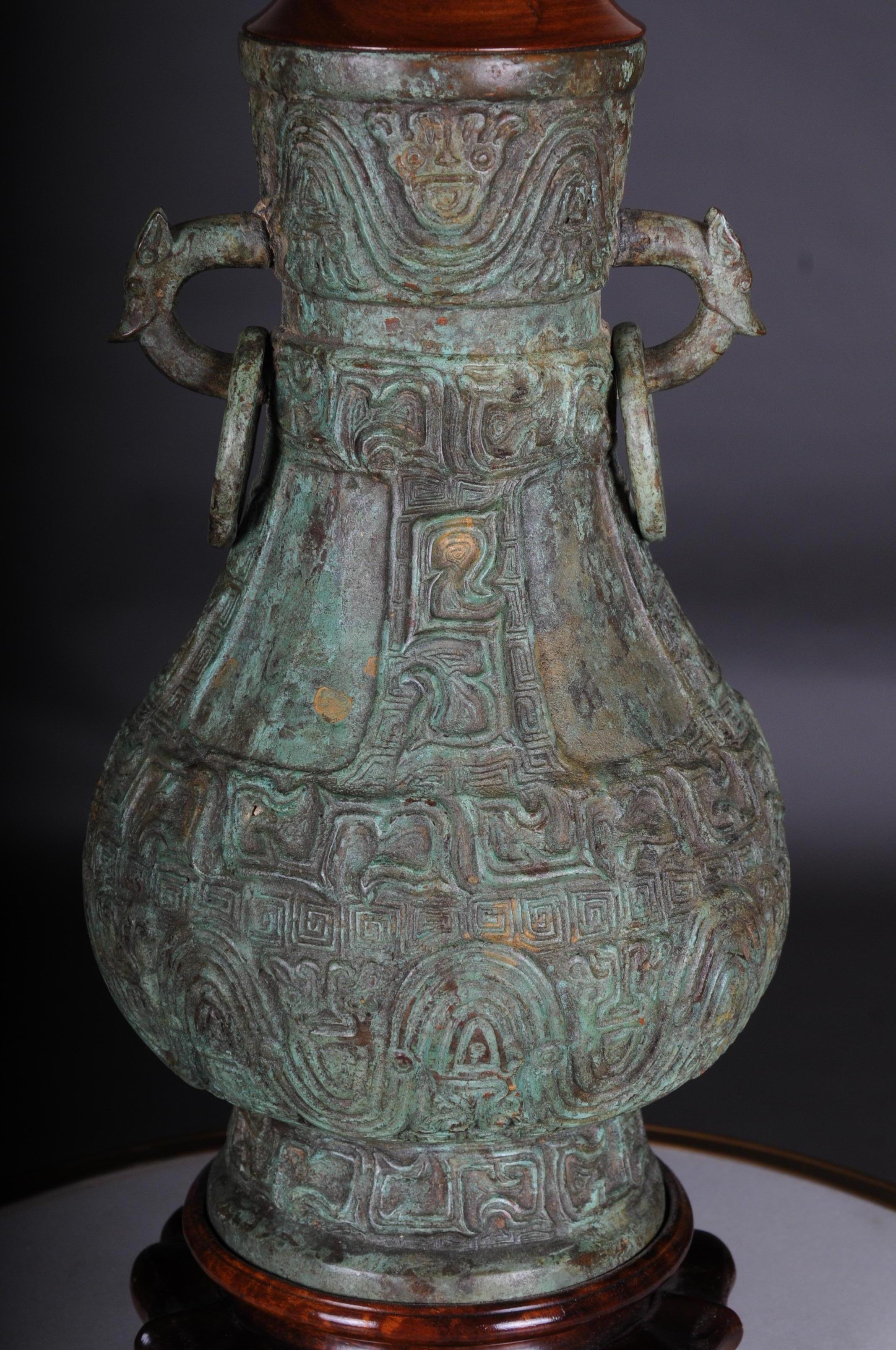 Chinese Asian Bronze Table Lamp with Pagoda Lampshade, Asian Art, 20th Century