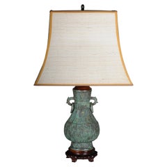 Asian Bronze Table Lamp with Pagoda Lampshade, Asian Art, 20th Century