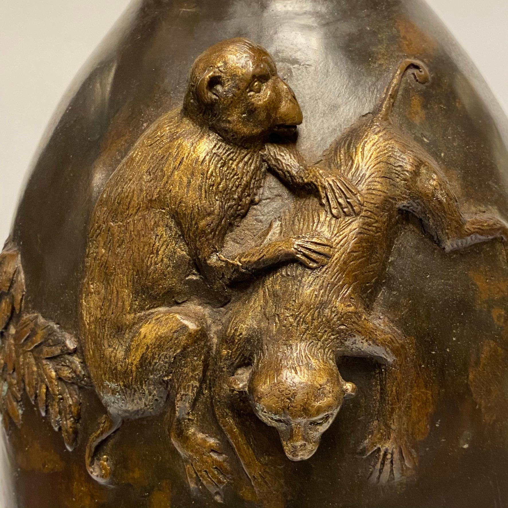 Asian Bronze Vase with Monkeys in Relief 8