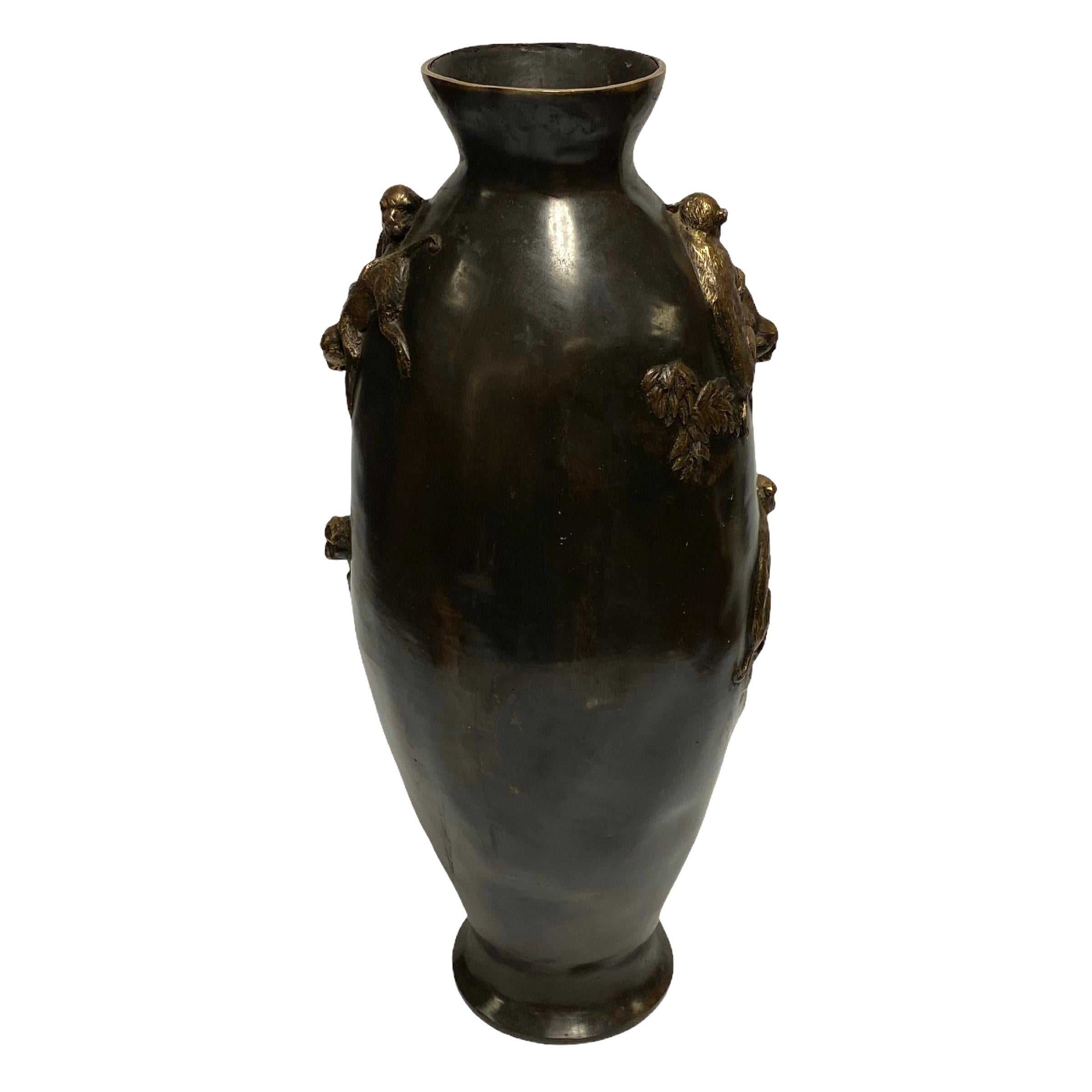 Patinated Asian Bronze Vase with Monkeys in Relief