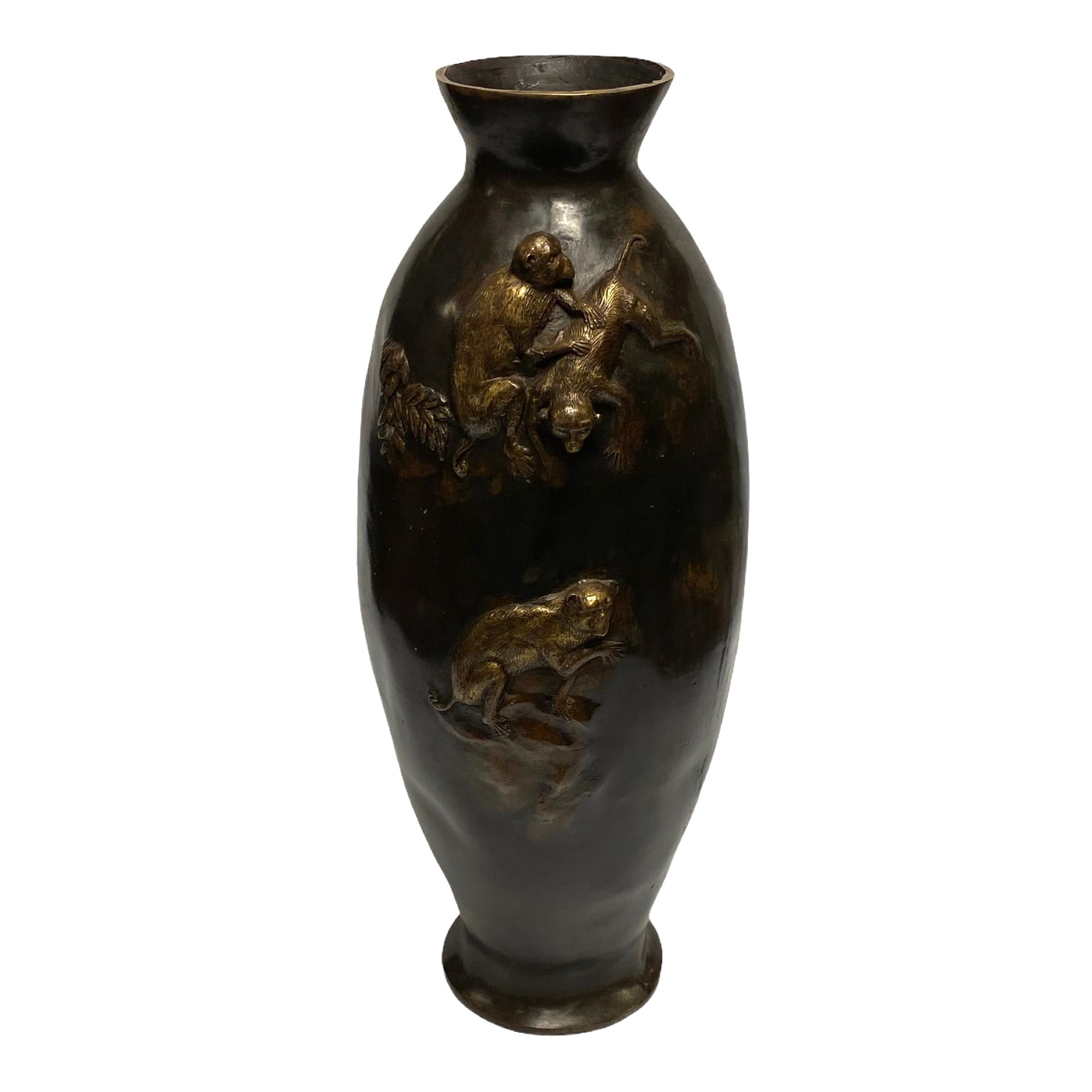 Asian Bronze Vase with Monkeys in Relief In Good Condition In New York, NY