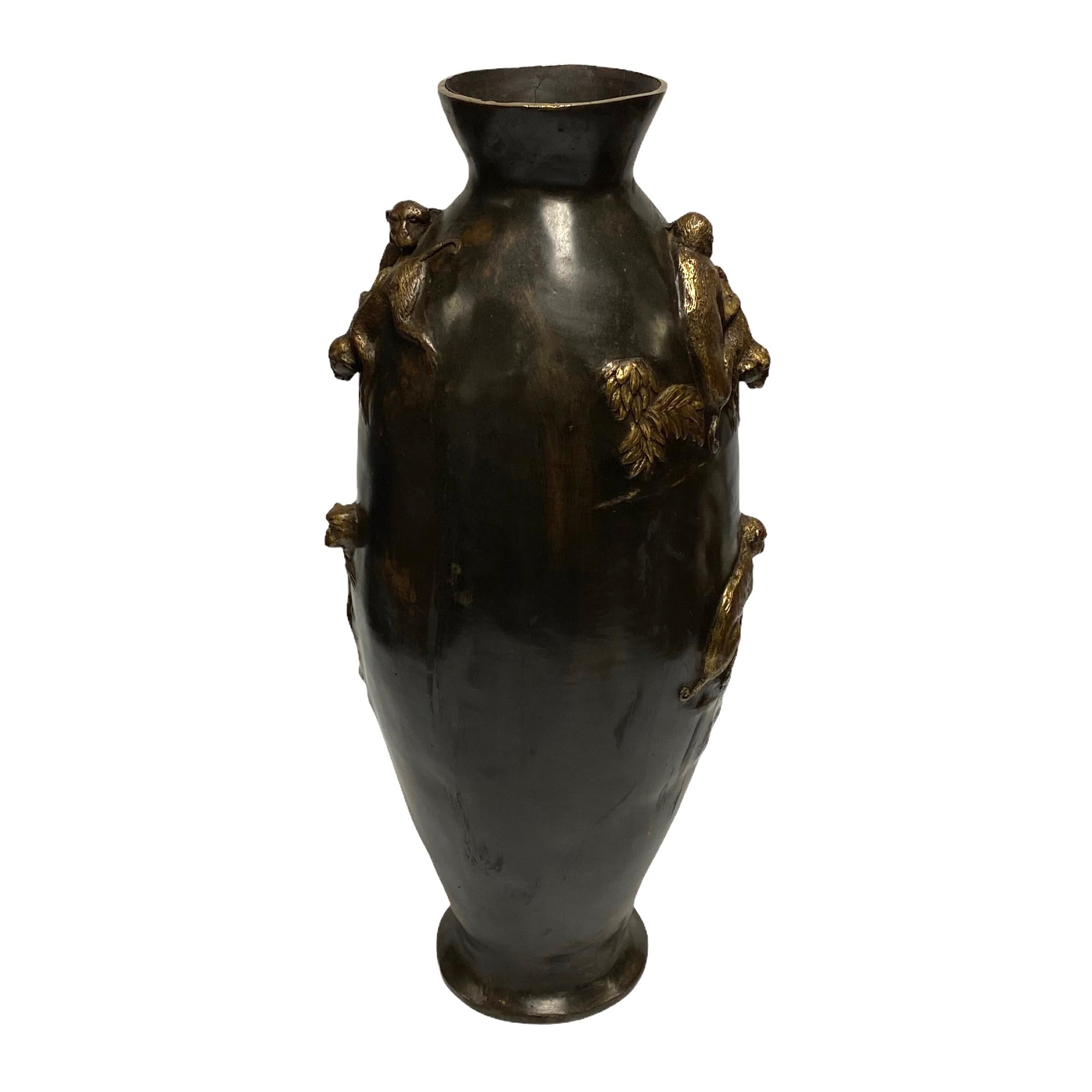 Early 20th Century Asian Bronze Vase with Monkeys in Relief