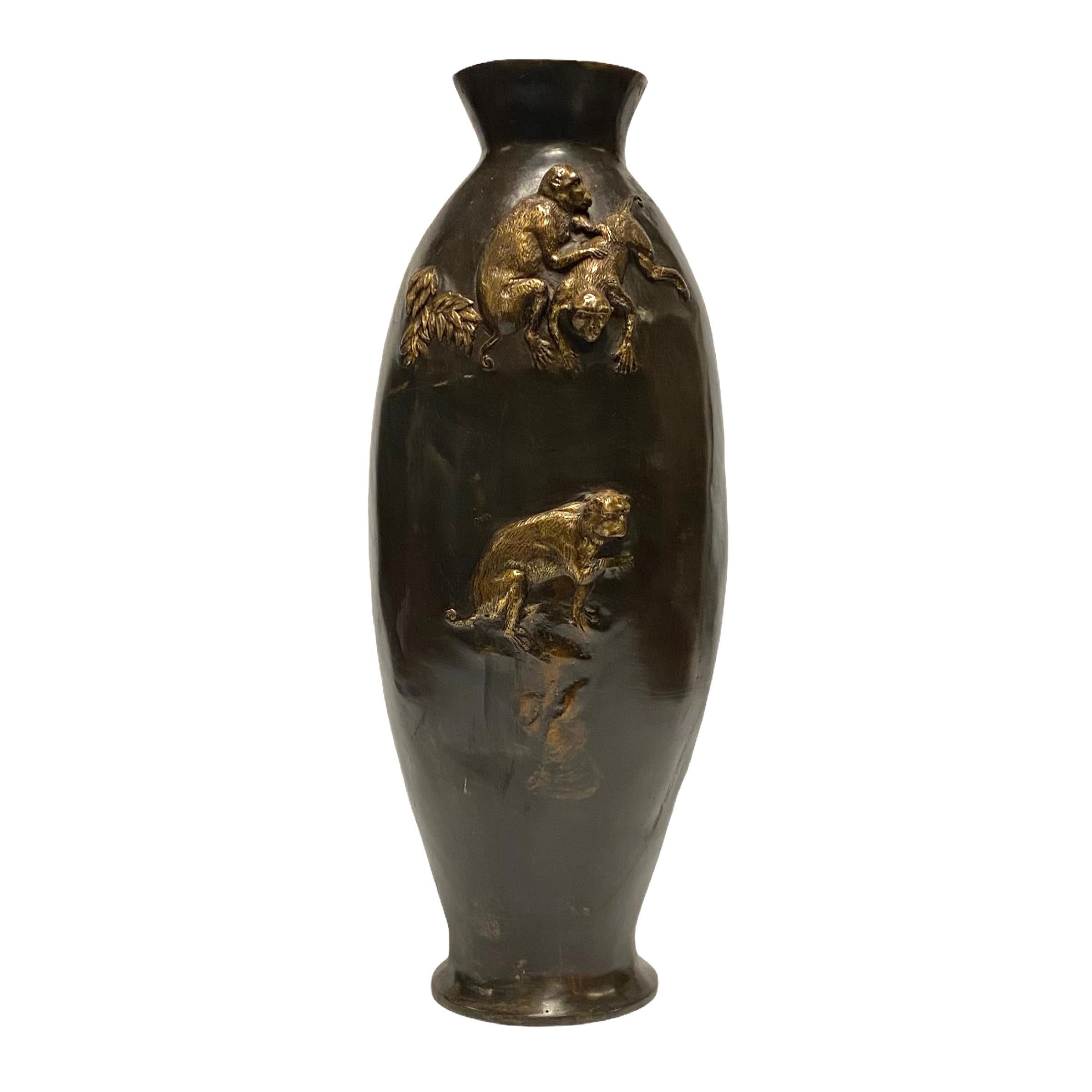 Asian Bronze Vase with Monkeys in Relief 1