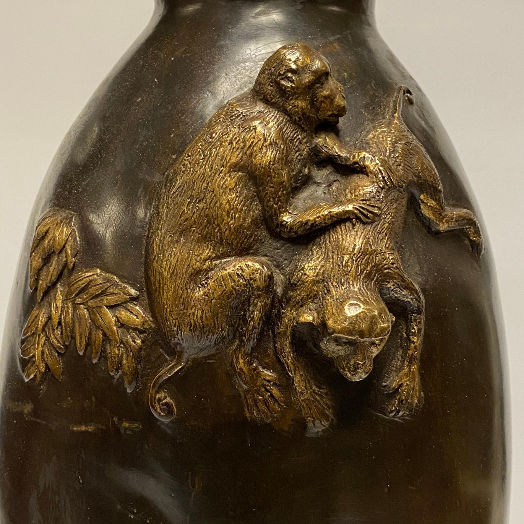 Asian Bronze Vase with Monkeys in Relief 4