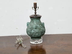 Asian Bronze Vessel Table Lamp with Verdigris Patina on Lucite Base, circa 1900