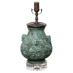 Asian Bronze Vessel Table Lamp with Verdigris Patina on Lucite Base, circa 1900