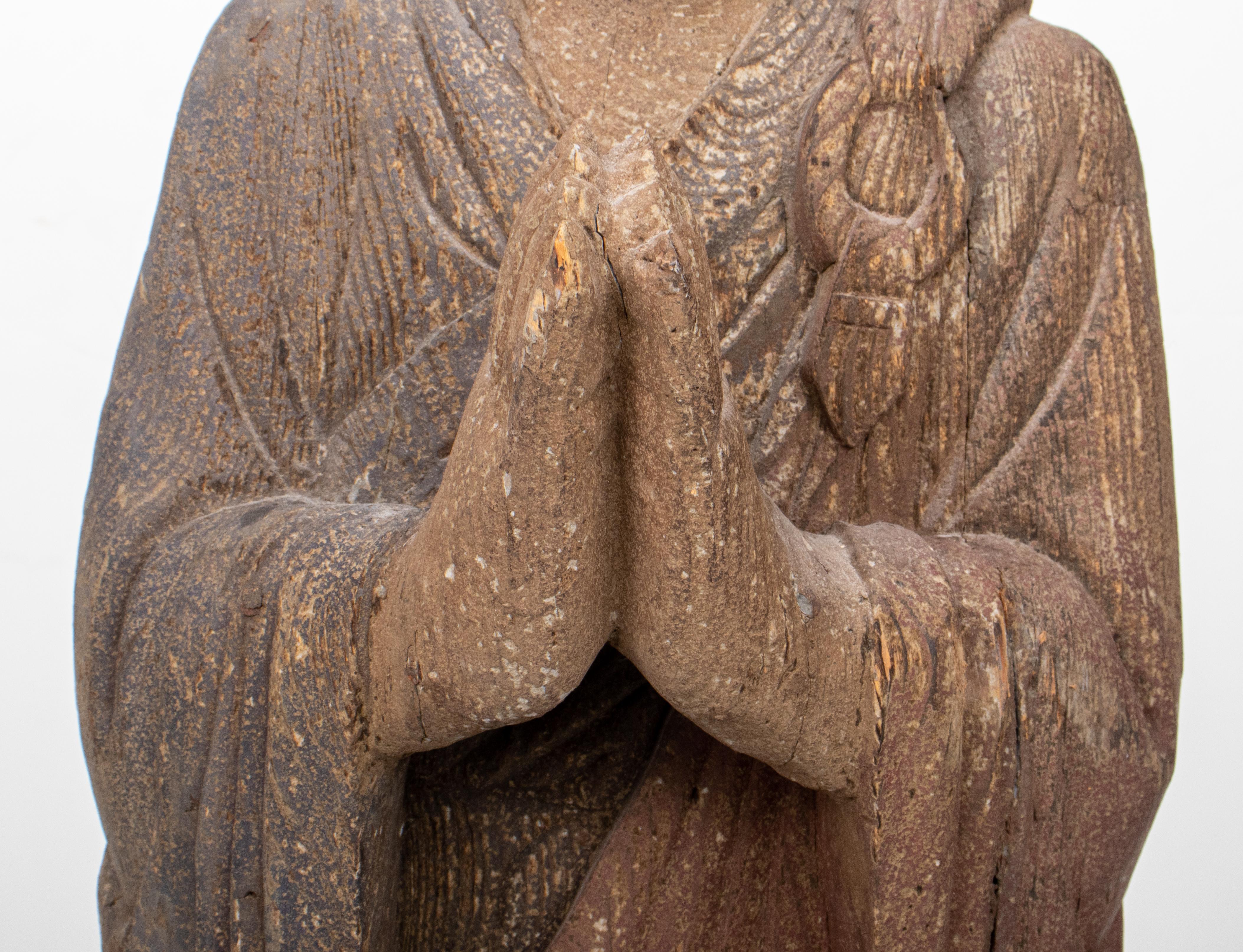 Asian Buddhist Monk Painted Wood Statue In Good Condition In Astoria, NY